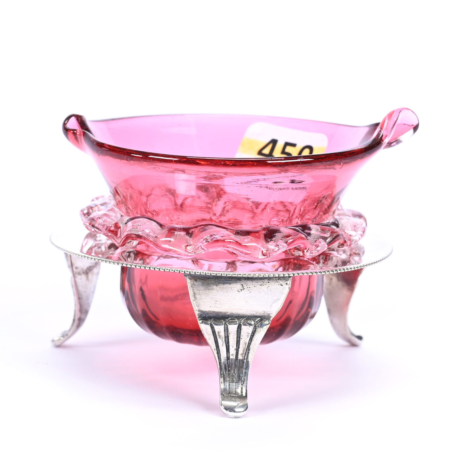 Salt Dip, Two Piece, Cranberry Art Glass Insert, Applied Rigoree, Set On Silverplate Stand (1 of 4)