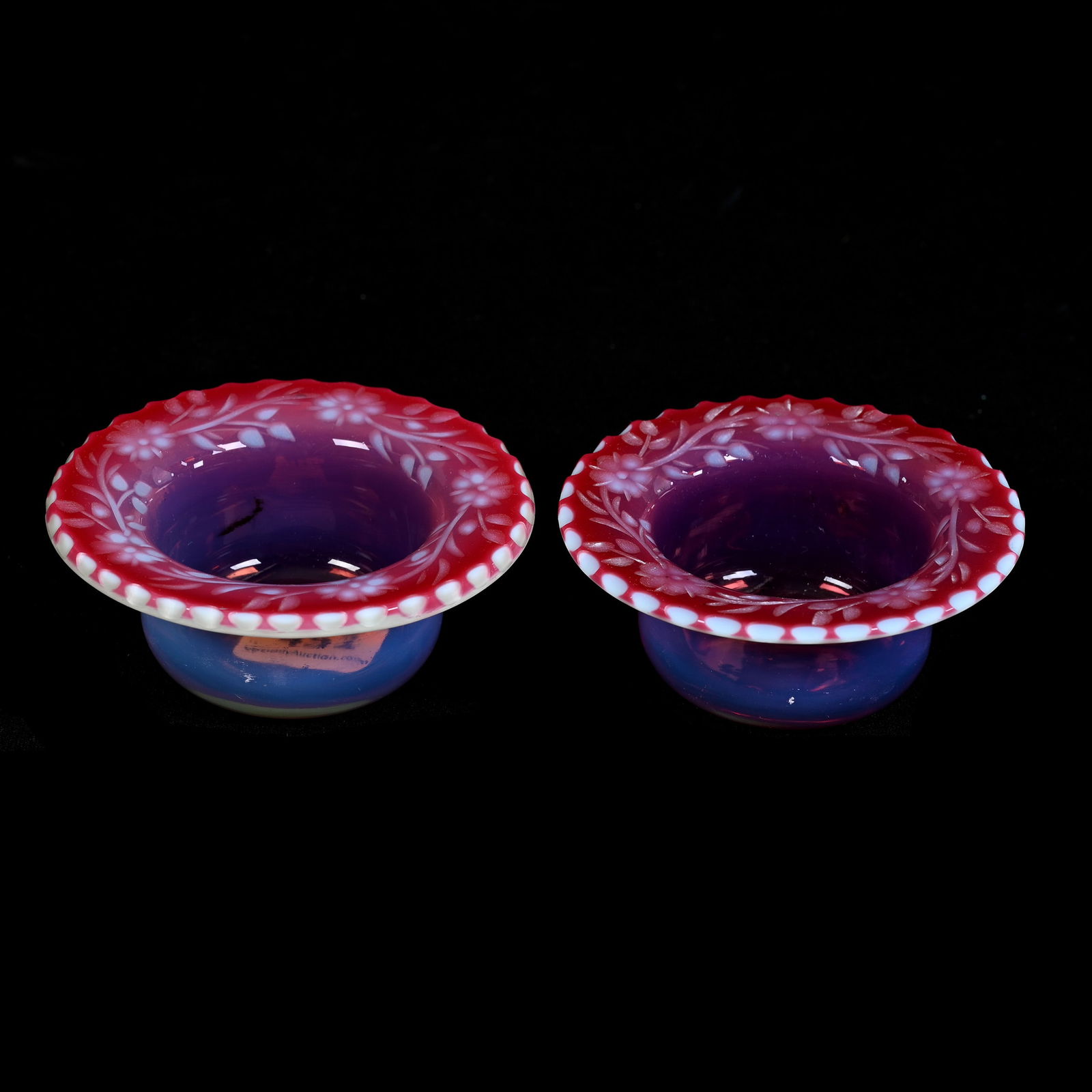 Pair Salt Dips, Cranberry Opalescent Art Glass, Engraved Floral Border, Very Nice Quality (1 of 3)