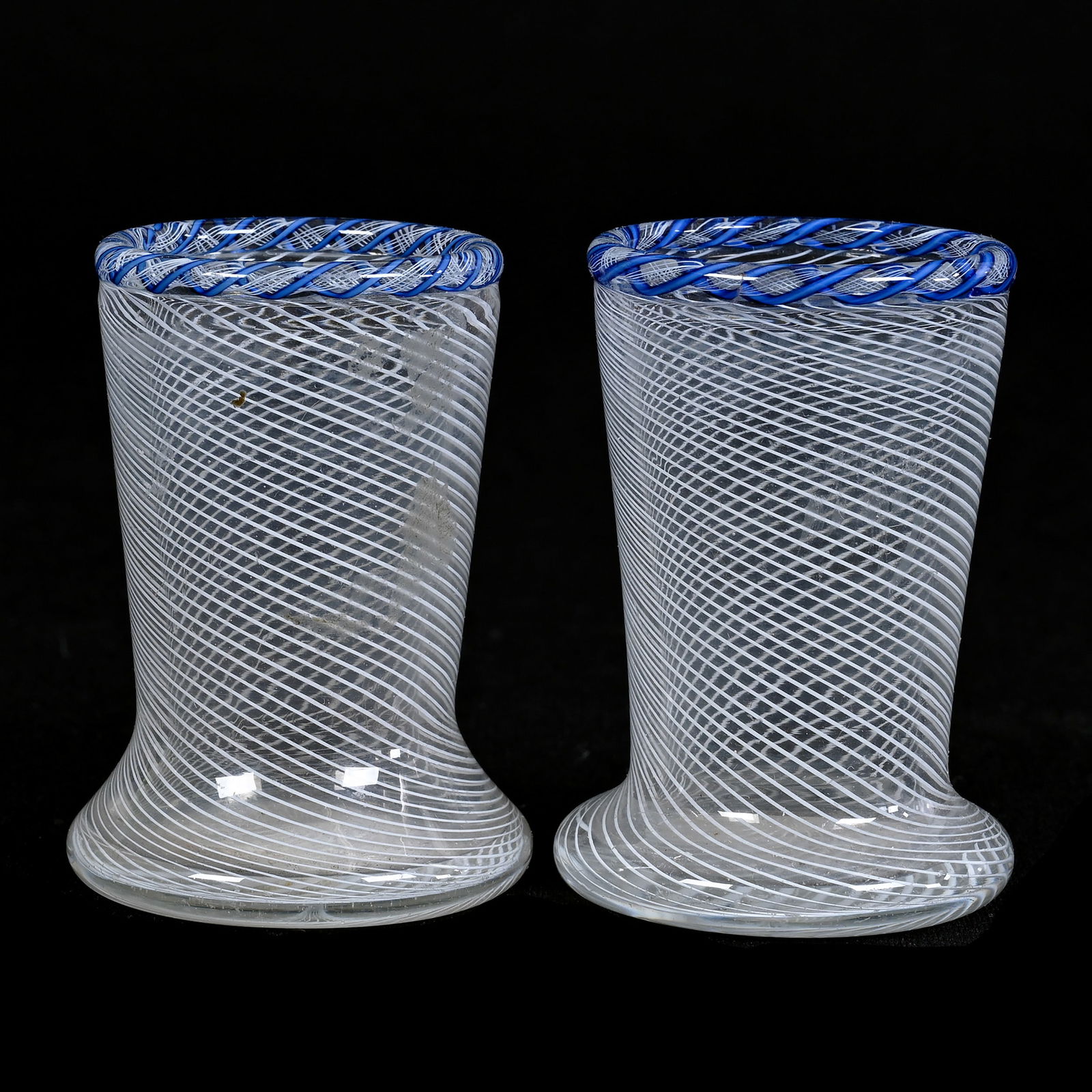 Pair Vases, Murano Latticino Swirl Art Glass, Blue Applied Ribbon Rim (1 of 2)
