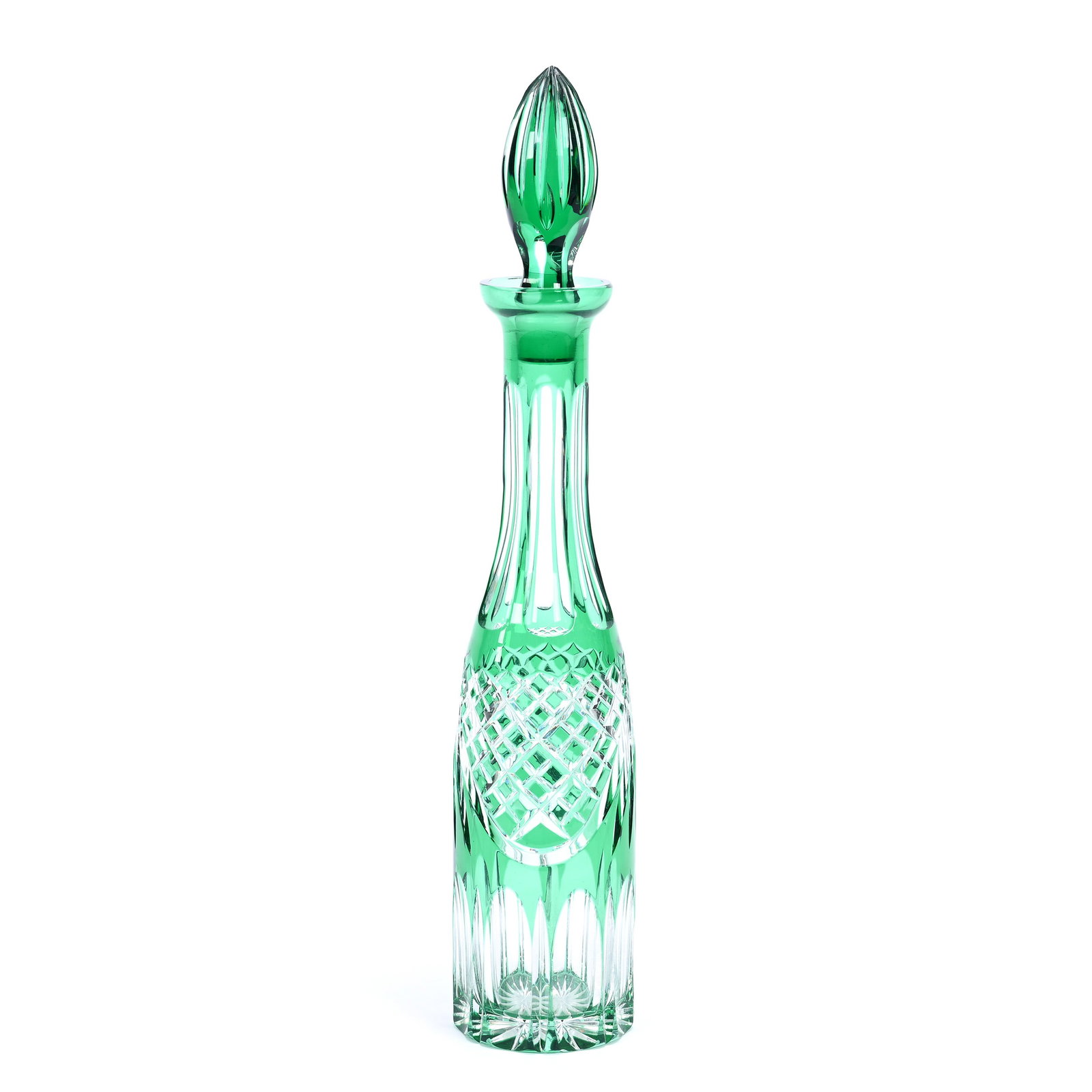 Decanter, Cut Glass, Green Cut To Clear: Decanter, Cut Glass, Green Cut To Clear, 17" x 3.25", Diamond And Fan Motif, European Design, Private Collection.