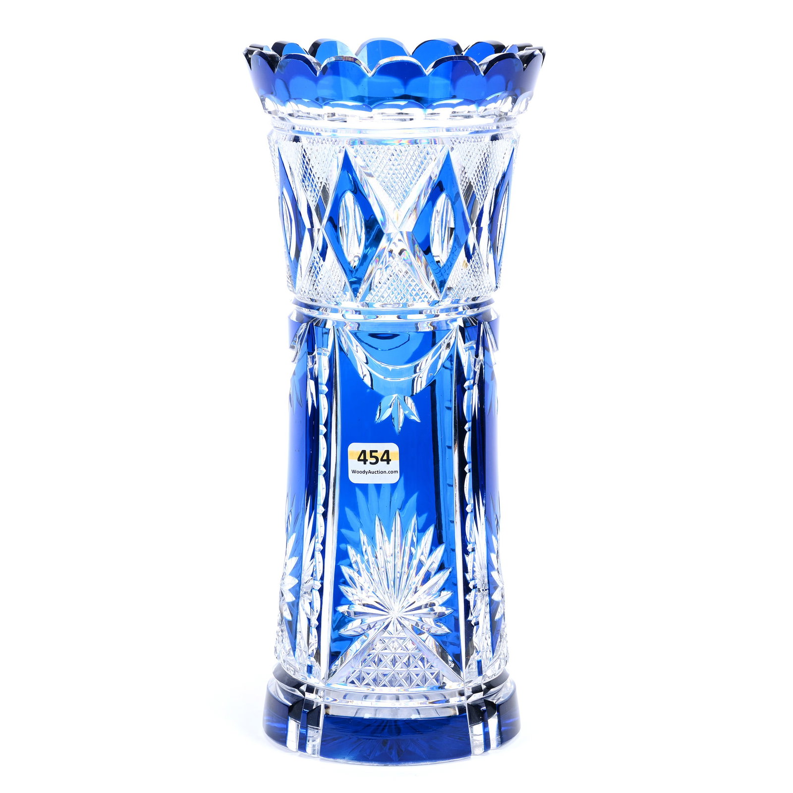 Vase, BPCG, Blue Cut To Clear, Panels Of Diamond Fan, Strawberry Diamond, Miter & Drape Motif: Vase, Brilliant Period Cut Glass, Blue Cut To Clear, Panels Of Diamond Fan, Strawberry Diamond, Miter and Drape Motif, 12" x 5.25", Ray Cut Base, Excellent Color, By Val St. Lambert, Private Collectio