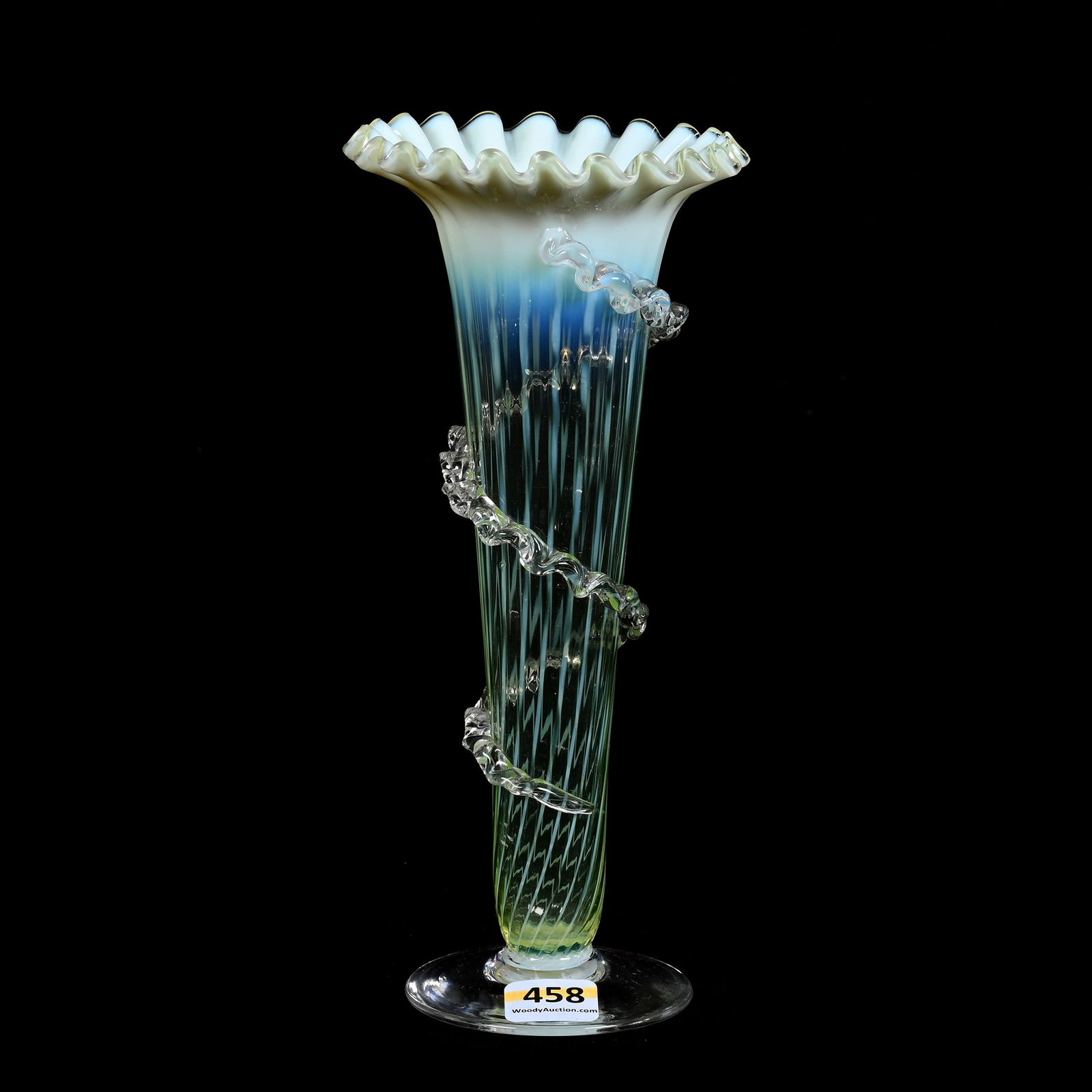 Pedestal Vase, Vaseline Opalescent Stripe Art Glass With Ruffled Rim Clear Applied Foot (1 of 3)