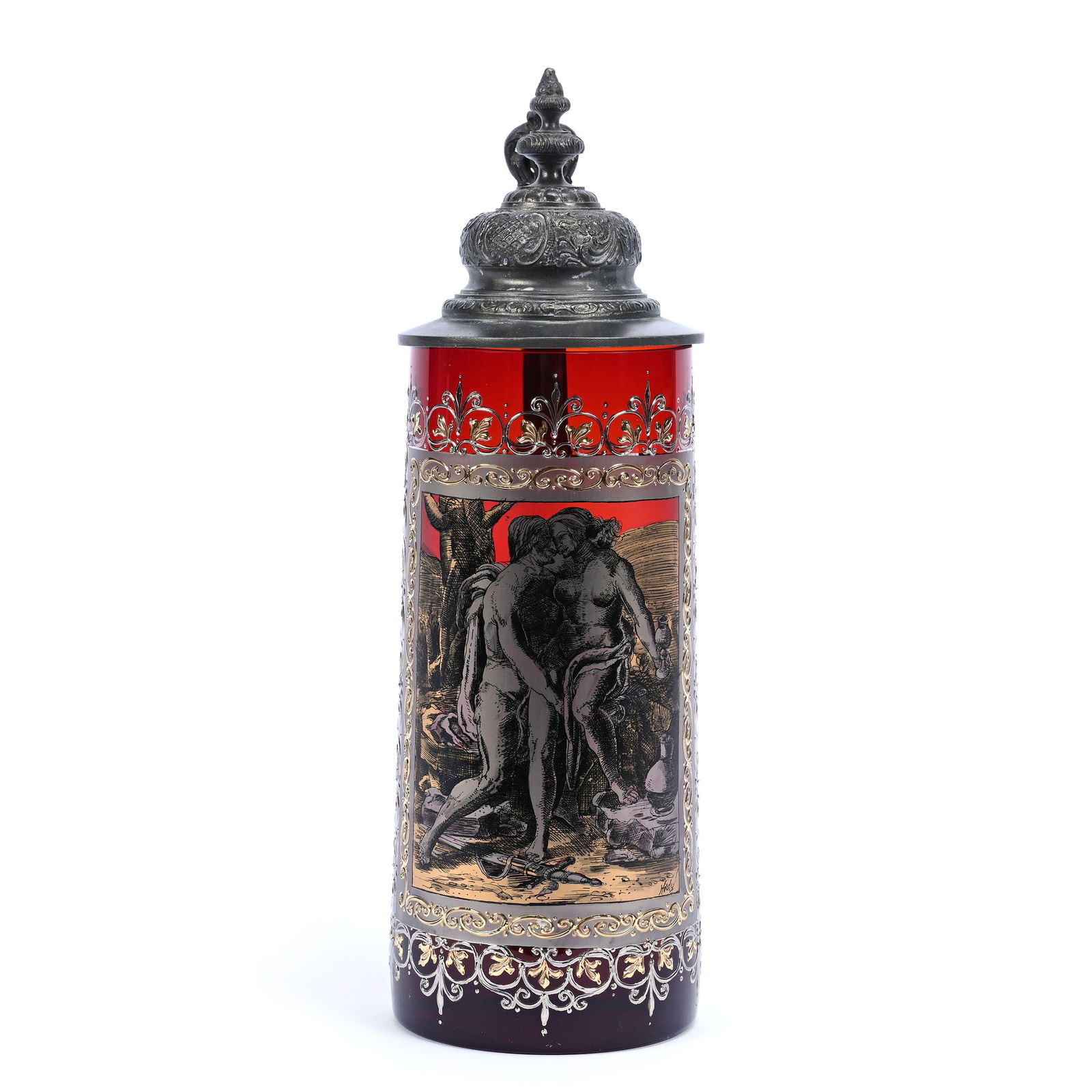 Stein, Solid Ruby Art Glass With Gold & Silver Enamel Scenic Decor, Artist Signed (1 of 4)