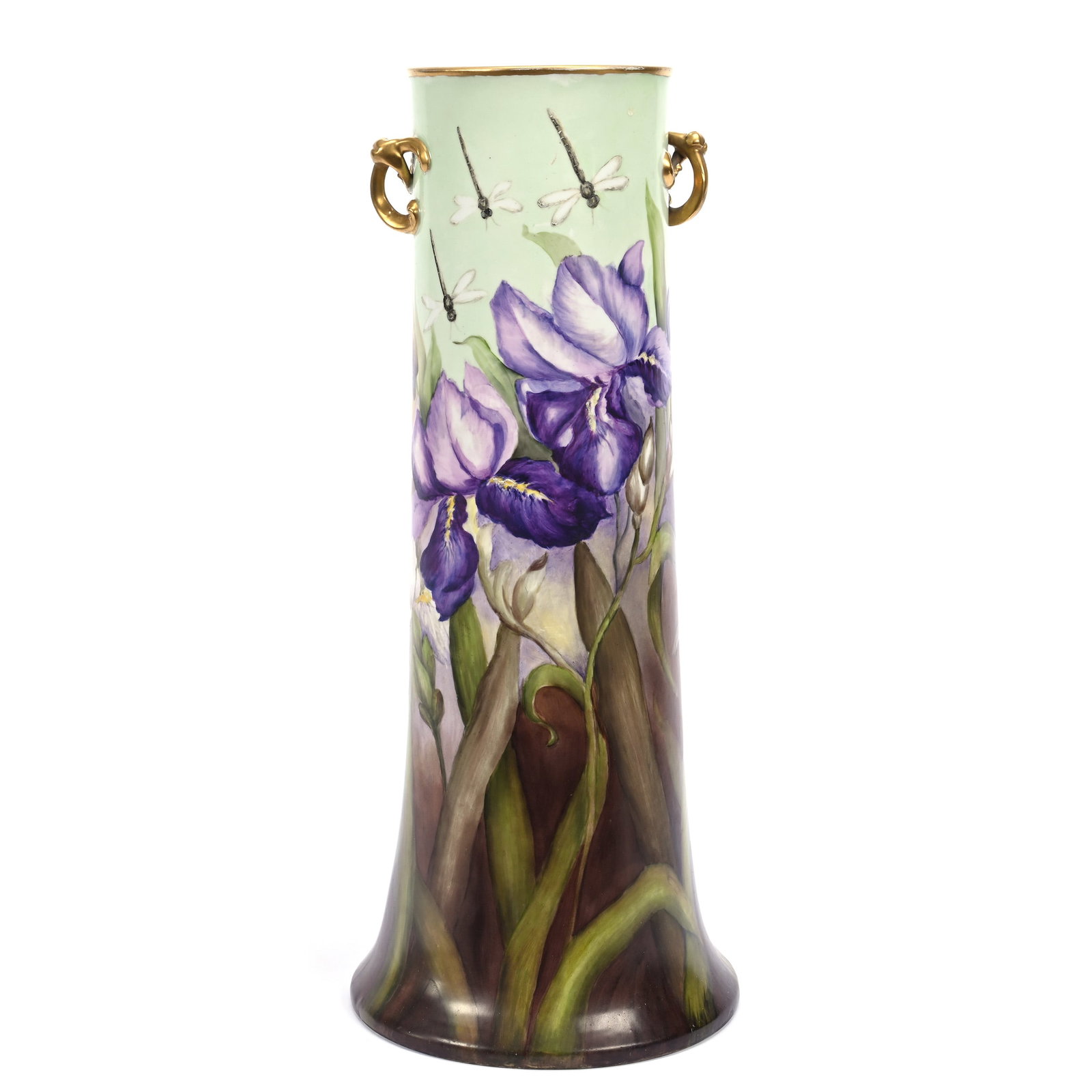 Vase Marked W. G. Limoges Porcelain, Hand Painted Iris, Cattail And Dragonfly Decor: Vase Marked W. G. Limoges Porcelain, Hand Painted Iris, Cattail And Dragonfly Decor, 20" x 8.5", Artist Signed Ross, Dated 1908, Michigan Private Collection.