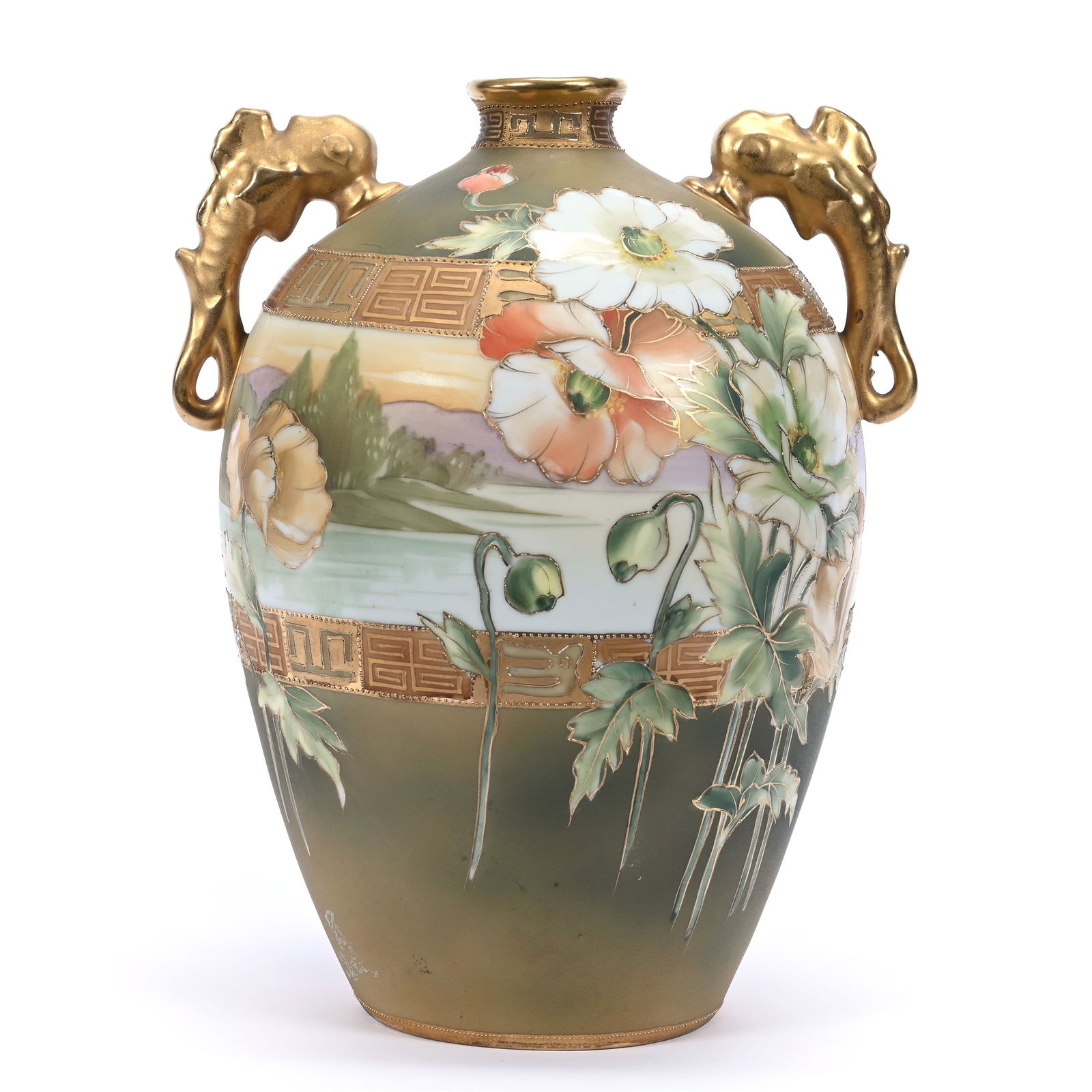 Vase, Two Figural Handles, Marked Nippon, Green Tones, Scenic Decor Of Lake And Mountains: Vase, Two Figural Handles, Marked Nippon, Green Tones, Scenic Decor Of Lake And Mountains, 10.25" x 8" x 7", Orange And White Poppy Highlights, Heavy Gold Trim, Michigan Private Collection.
