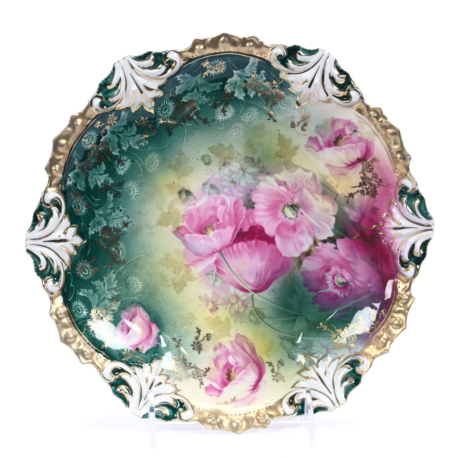 Plate Marked R.S. Prussia, Fleur De Lys Mold, Green And Yellow Tones, Pink Poppy Decor: Plate Marked R.S. Prussia, Fleur De Lys Mold, Green And Yellow Tones, Pink Poppy Decor, 9.5", Nice Gold Trim, Rim Nick, Michigan Private Collection.