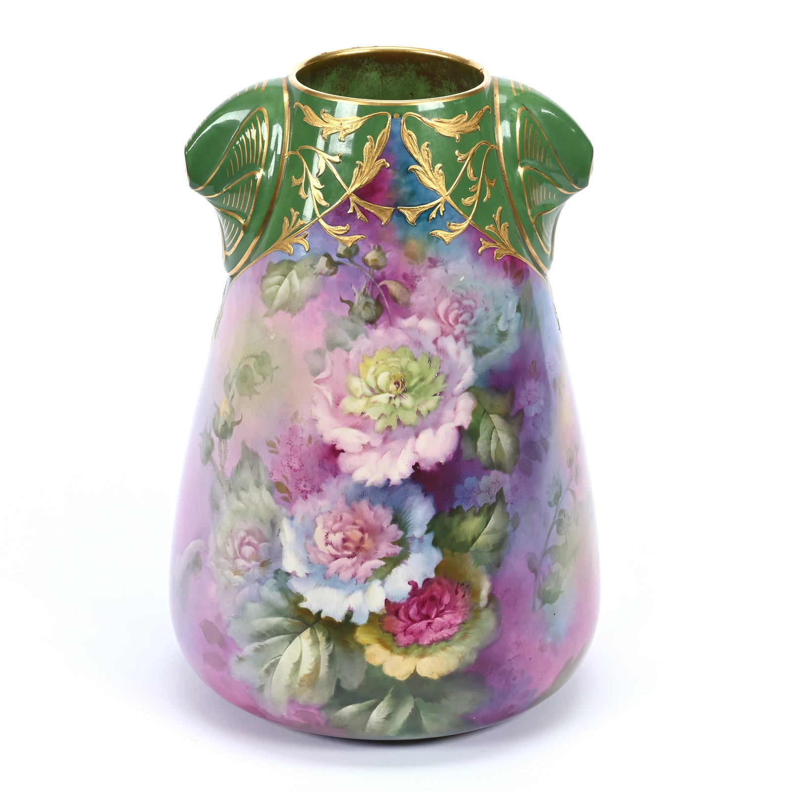 Vase Marked Royal Bonn Porcelain, Green, Lavender, Blue, Pink Tones, Floral Decor: Vase Marked Royal Bonn Porcelain, Green, Lavender, Blue, Pink Tones, Floral Decor, 12.25" x 8", Gold Enamel Highlights, Michigan Private Collection.