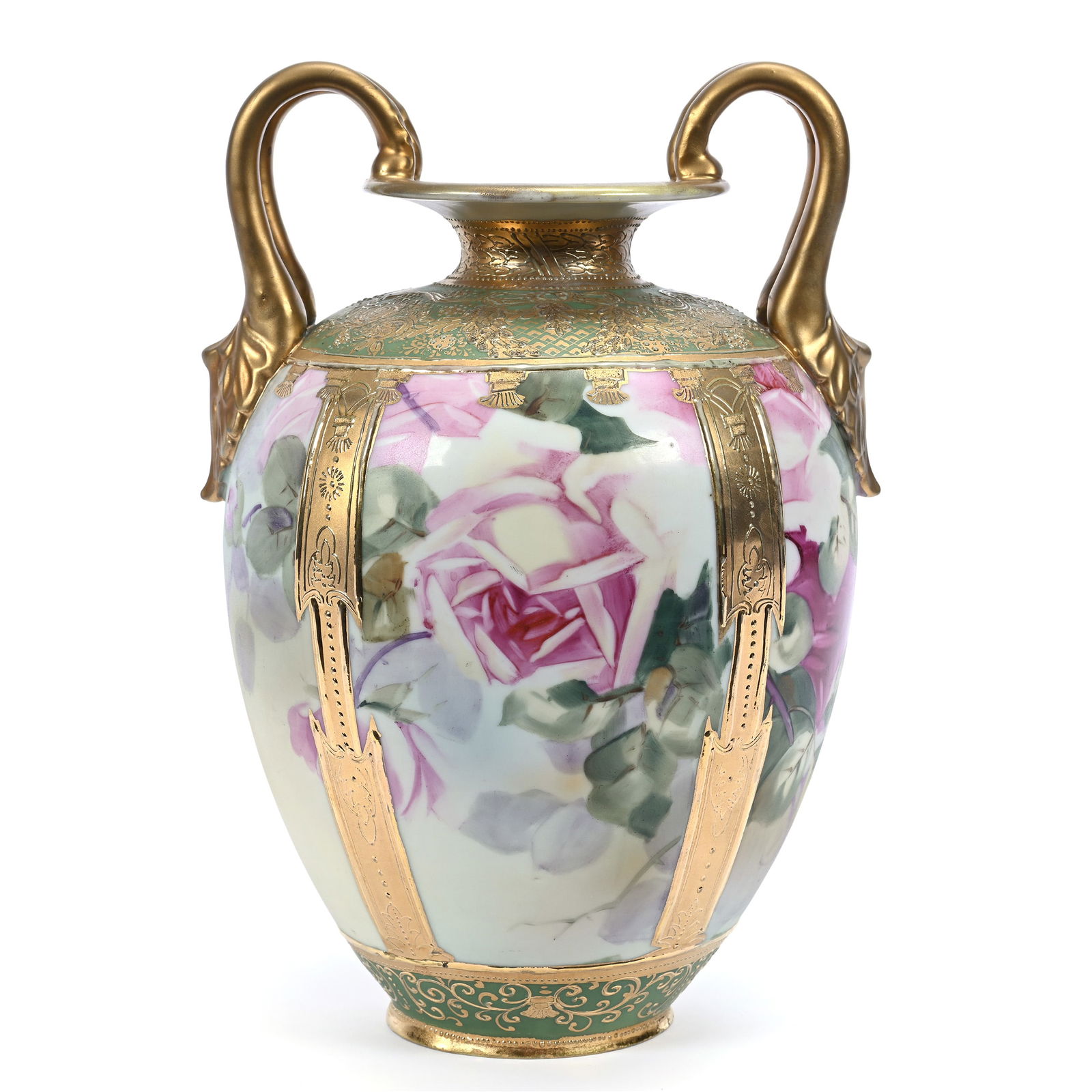 Vase, Two Handles, Marked Nippon, Yellow And Blue Ground, Pink Rose Decor, Green Border: Vase, Two Handles, Marked Nippon, Yellow And Blue Ground, Pink Rose Decor, Green Border, 10.25" x 7", Heavy Gold Trim, Possible Handle Touch-Up, Gold Finish With Different Tone Than Expected, Michigan