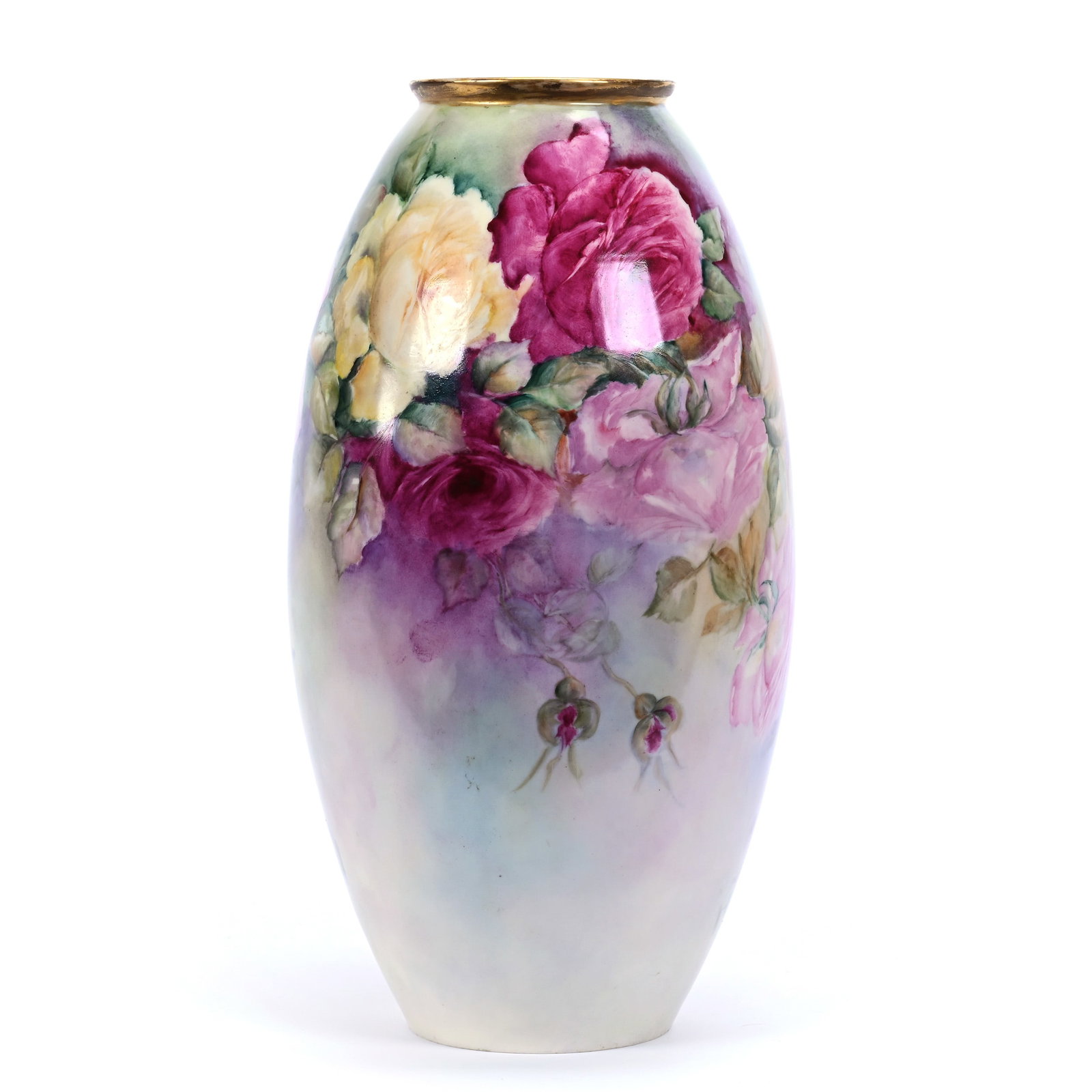 Vase Marked Willett's Belleek, Green, Pink And Blue Pastel Ground, Pink And Yellow Rose Decor: Vase Marked Willett's Belleek, Green, Pink And Blue Pastel Ground, Pink And Yellow Rose Decor, 15" x 7.5", Michigan Private Collection.