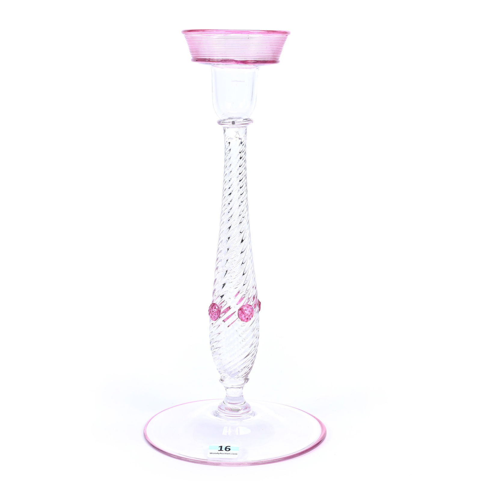 Candlestick, Clear Art Glass By Steuben, Swirl Stem, Pink Applied Threaded Rim, Applied Prunts: Candlestick, Clear Art Glass By Steuben, Swirl Stem, Pink Applied Threaded Rim, Applied Prunts, 12" x 5.5", Michigan Private Collection.