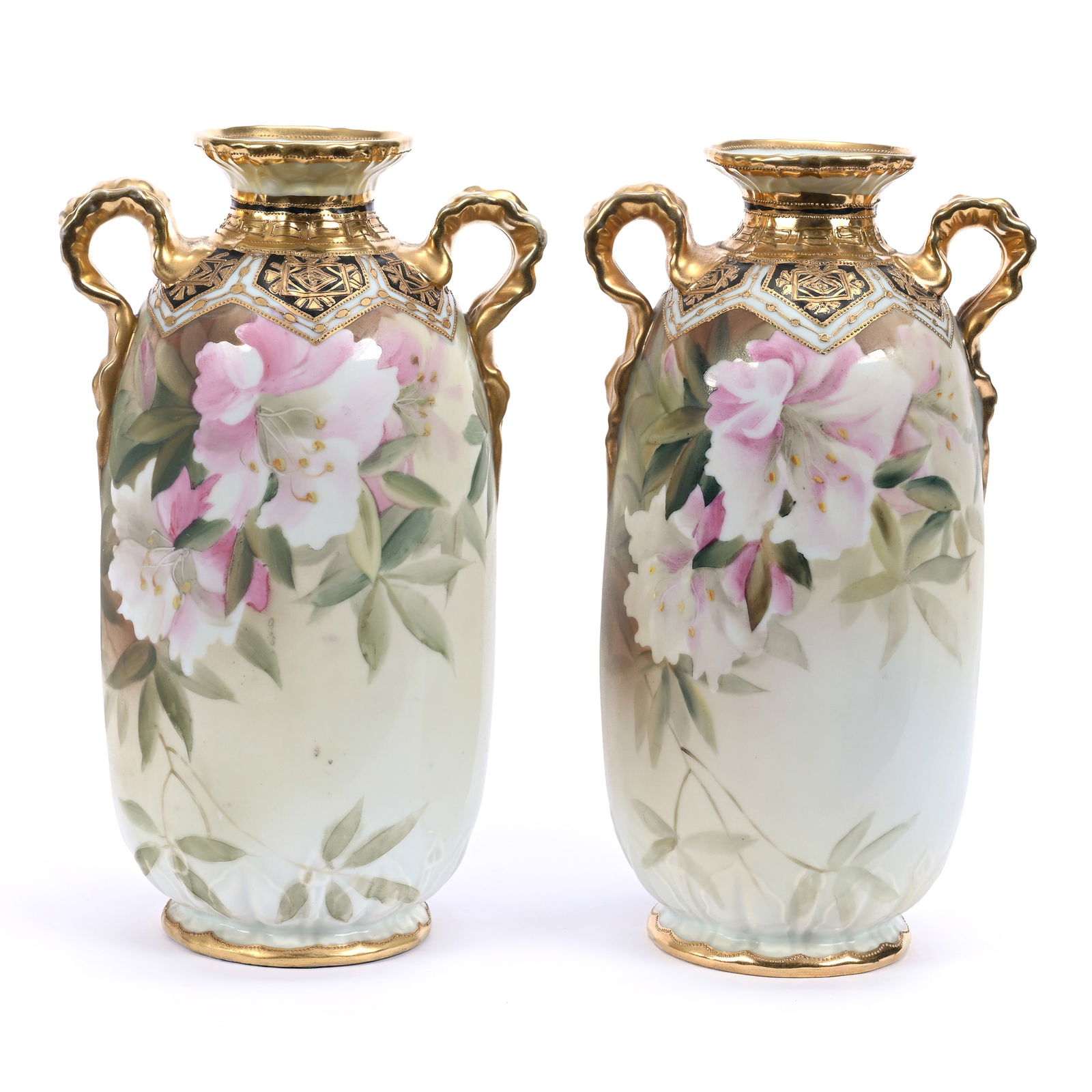 Pair Vases, Two Handles, Marked Nippon, Green, White And Brown Tones, Pink Floral Decor: Pair Vases, Two Handles, Marked Nippon, Green, White And Brown Tones, Pink Floral Decor, 9.75" x 5.25", Heavy Gold Trim, Michigan Private Collection.