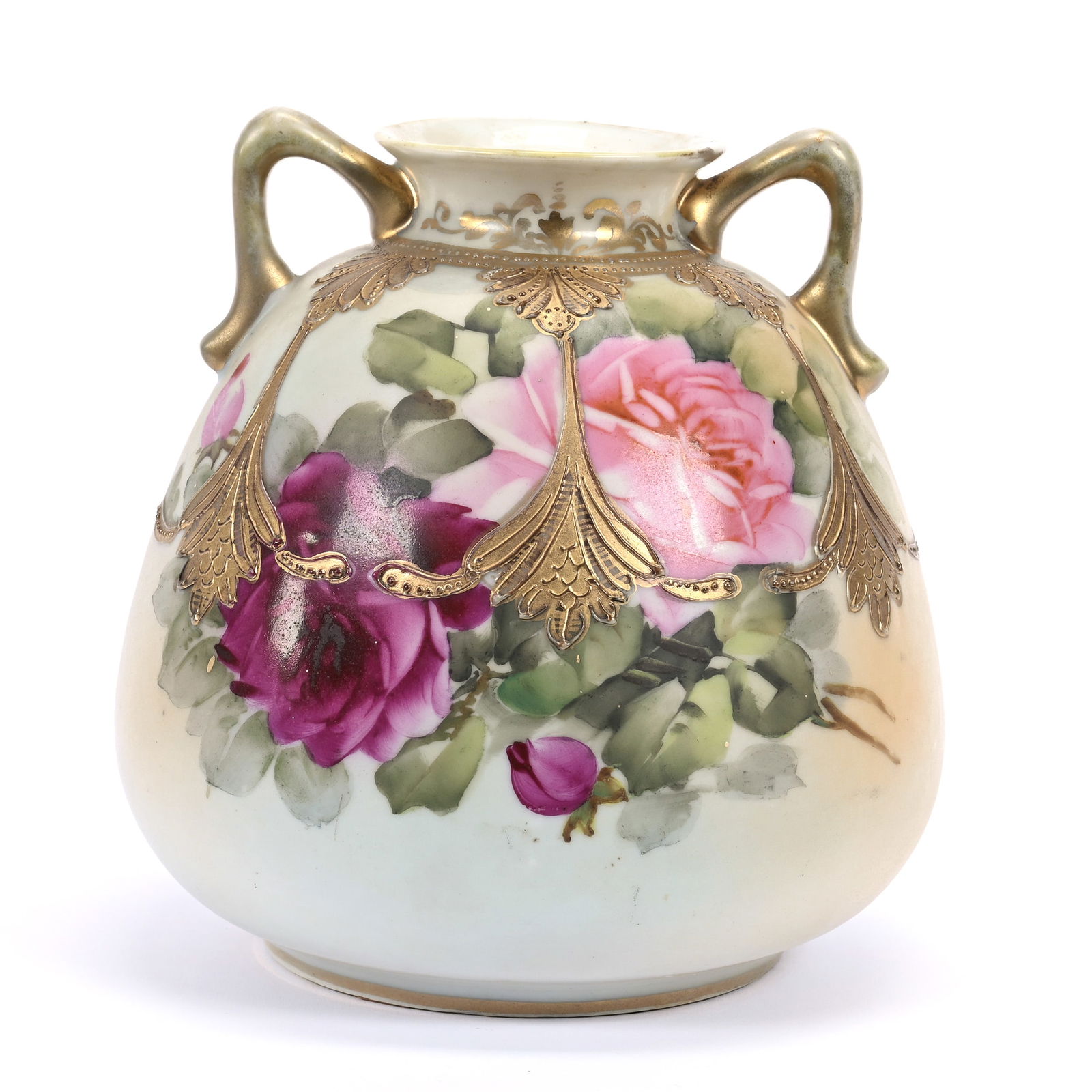 Vase, Two Handles, Marked Nippon, Cream And Blue Tones, Pink Rose Decor: Vase, Two Handles, Marked Nippon, Cream And Blue Tones, Pink Rose Decor, 5.75" x 5.5", Michigan Private Collection.