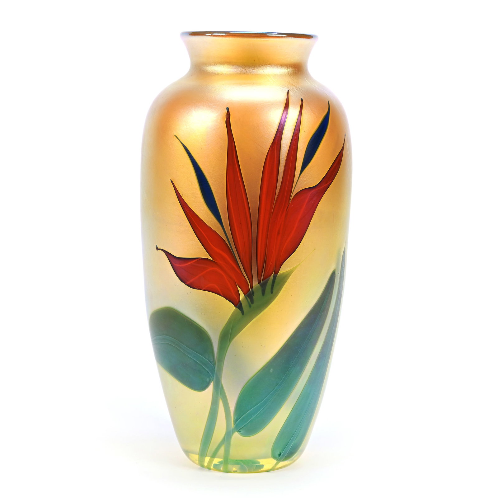 Vase Marked Orient And Flume #1984N9, Artist Signed B. Sillars: Vase Marked Orient And Flume #1984N9, Artist Signed B. Sillars, 11.25" x 5.25", Gold Iridescent With Unique Floral Decor, Michigan Private Collection.