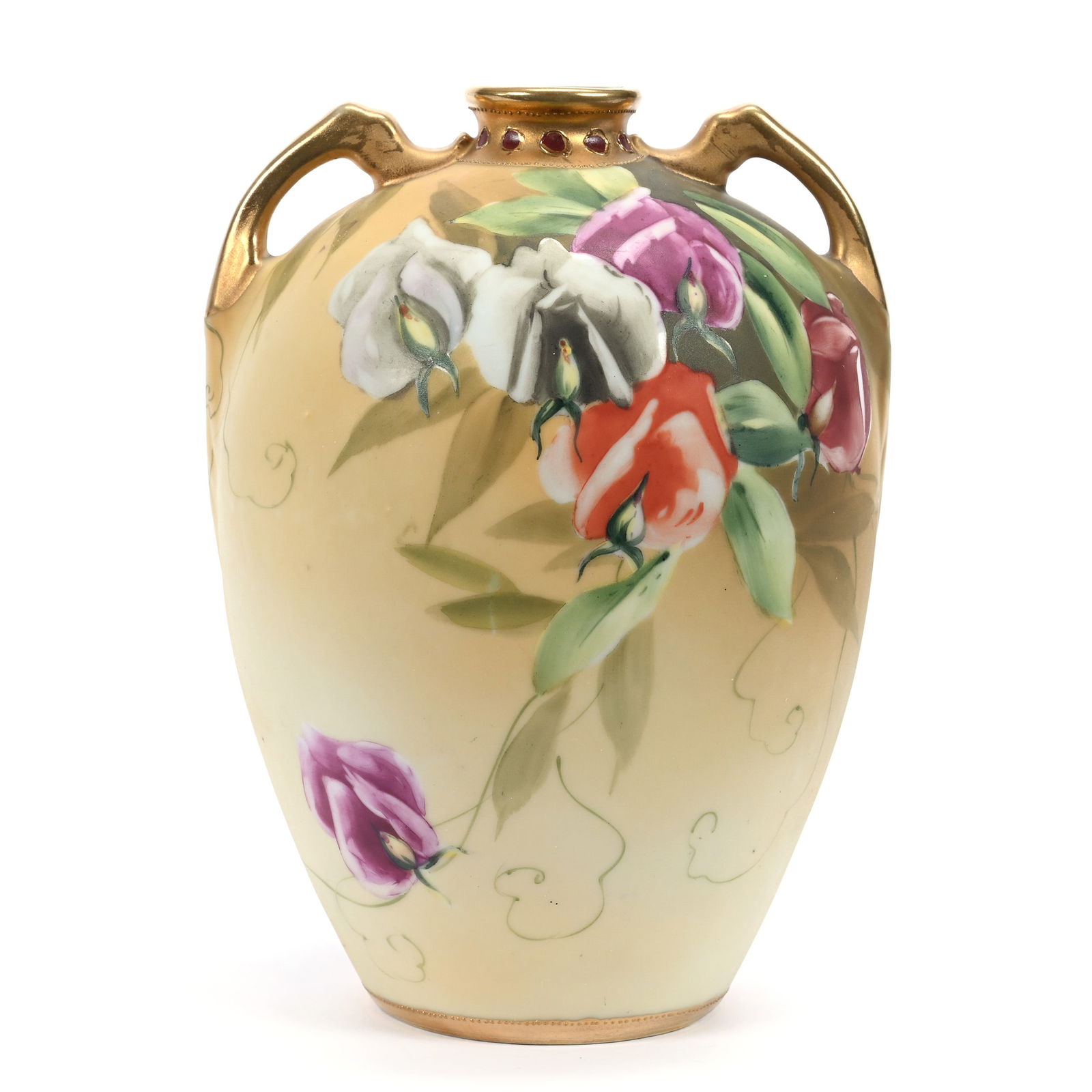 Vase, Two Handles, Marked Nippon, Cream Tones With Floral Decor, Gold Trim Highlights: Vase, Two Handles, Marked Nippon, Cream Tones With Floral Decor, Gold Trim Highlights, 7.75" x 5.5", Michigan Private Collection.