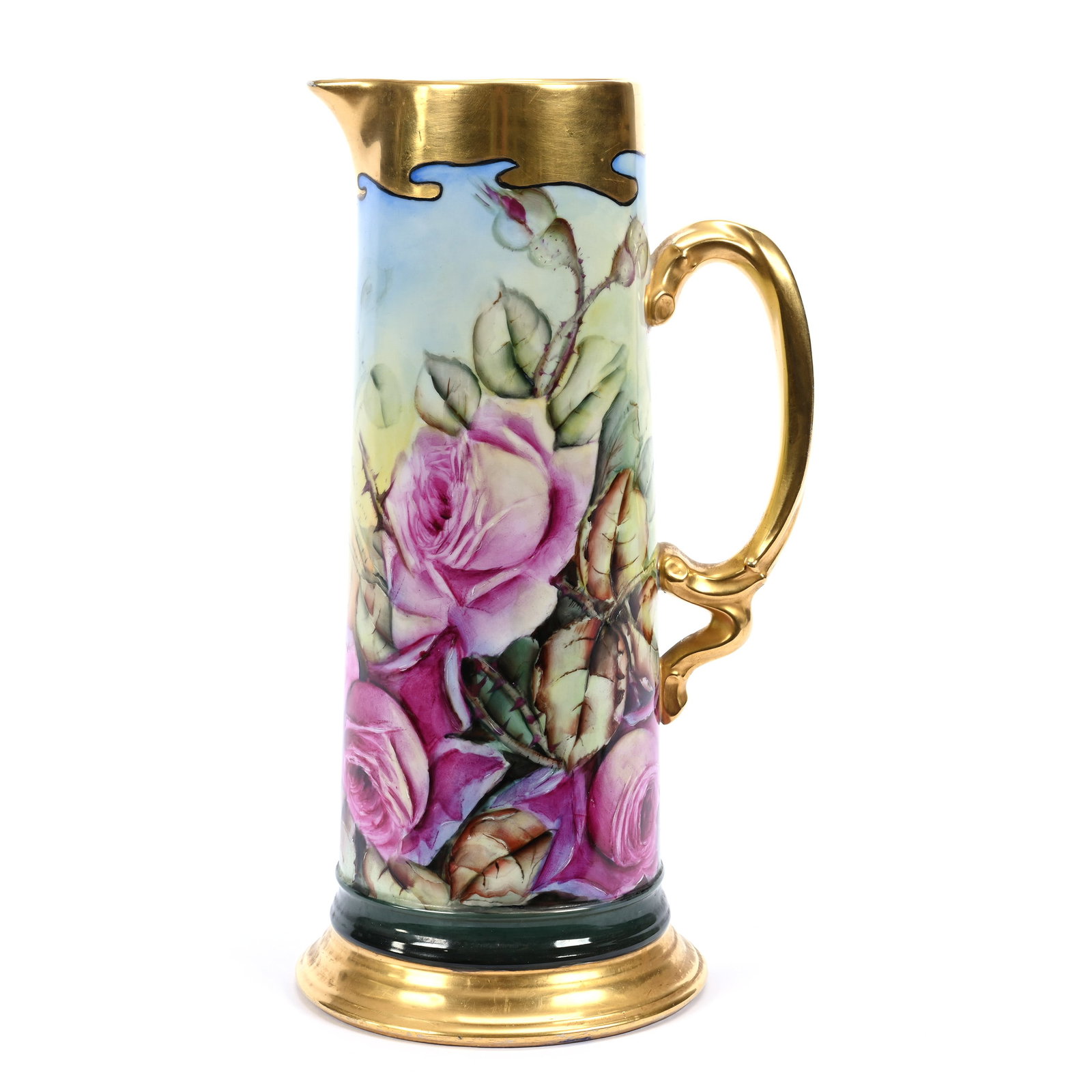 Tankard Marked J. P. Limoges, Blue, Yellow And Green Ground, Pink Rose Decor, Heavy Gold Trim: Tankard Marked J. P. Limoges, Blue, Yellow And Green Ground, Pink Rose Decor, Heavy Gold Trim, 13.5" x 7.25", Artist Signed Balthasar, Michigan Private Collection.