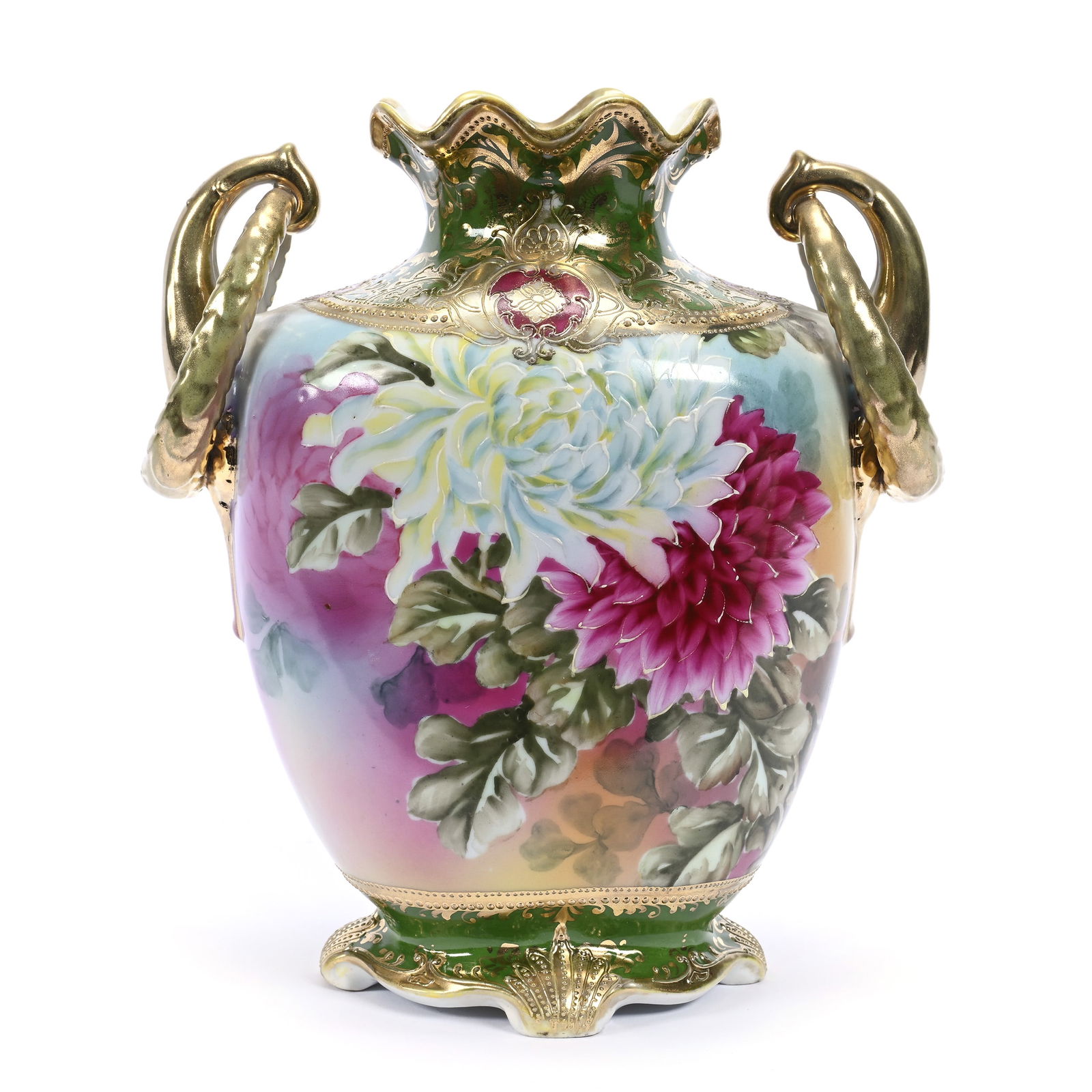 Vase, Two Handles, Marked Nippon, Yellow, Pink And Blue Tones, Chrysanthemum Decor: Vase, Two Handles, Marked Nippon, Yellow, Pink And Blue Tones, Chrysanthemum Decor, 9.5" x 8" x 4.75", Green Border, Heavy Gold Trim, Michigan Private Collection.