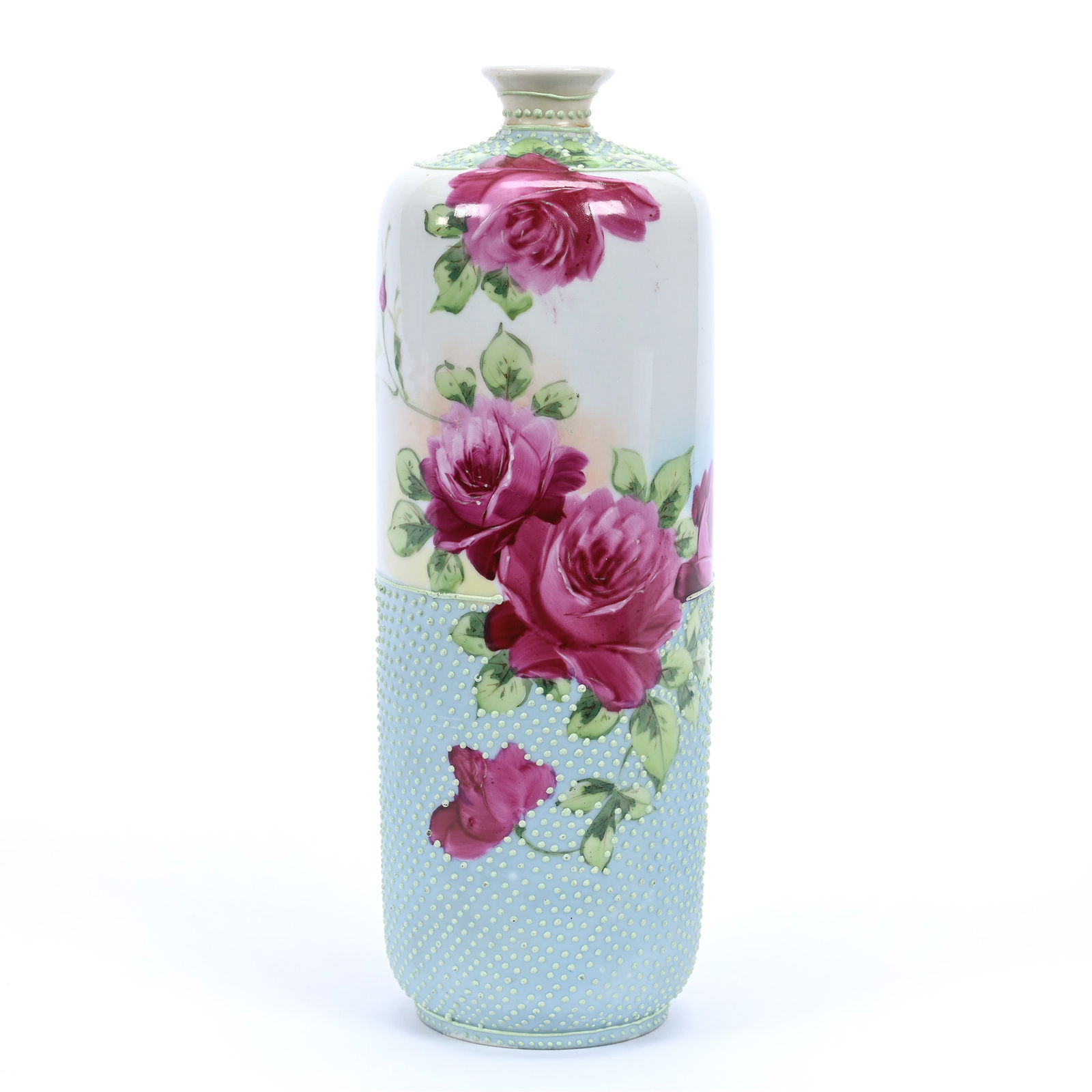 Vase, Unmarked Nippon, Blue, White, Orange And Yellow Tones, Red Rose Decor: Vase, Unmarked Nippon, Blue, White, Orange And Yellow Tones, Red Rose Decor, 8.75" x 3", Enamel Tapestry Highlights, Michigan Private Collection.