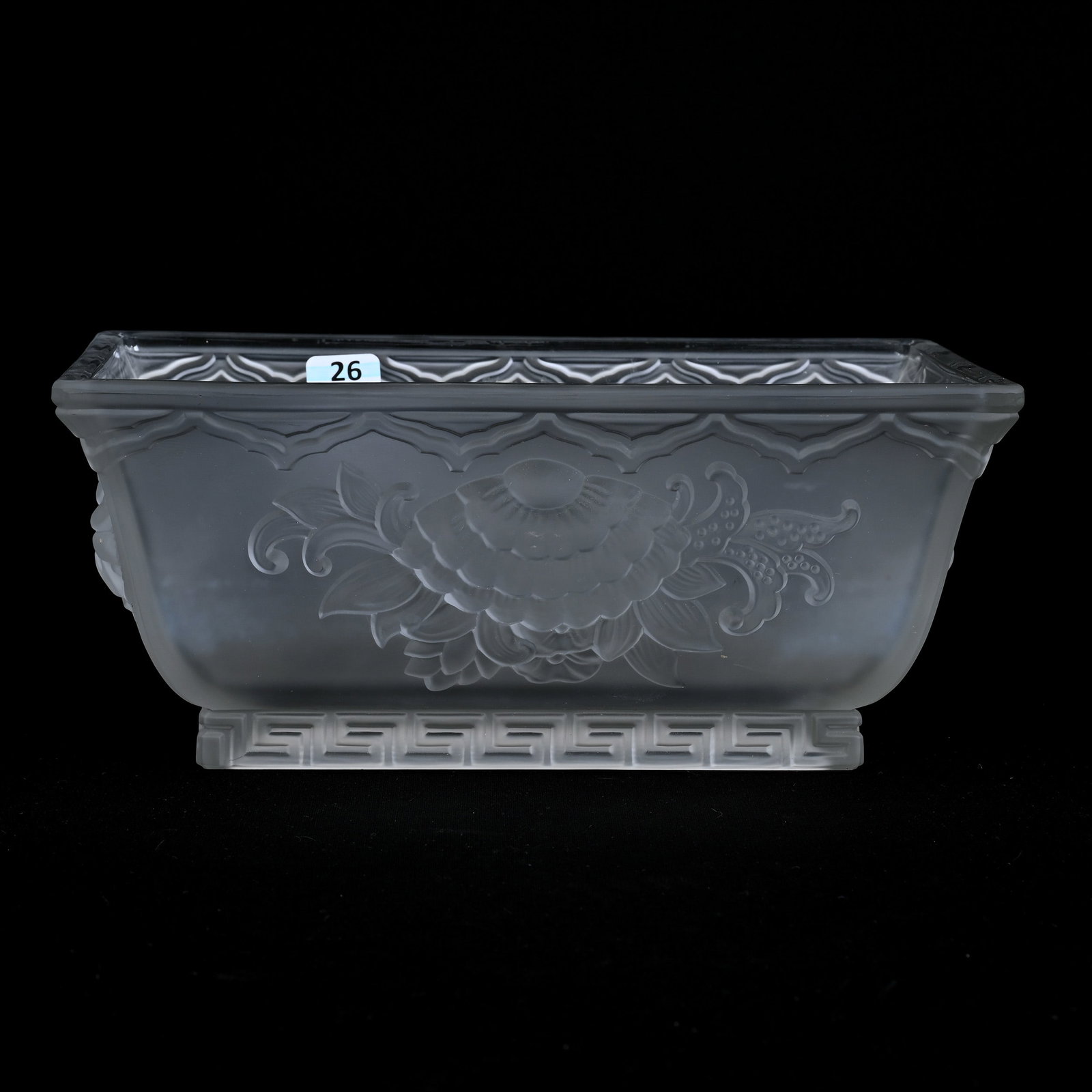 Rectangular Planter Signed Verlys Art Glass: Rectangular Planter Signed Verlys Art Glass, 4.5" x 10" x 6.25", Clear Frosted Embossed Lotus Design, Michigan Private Collection.
