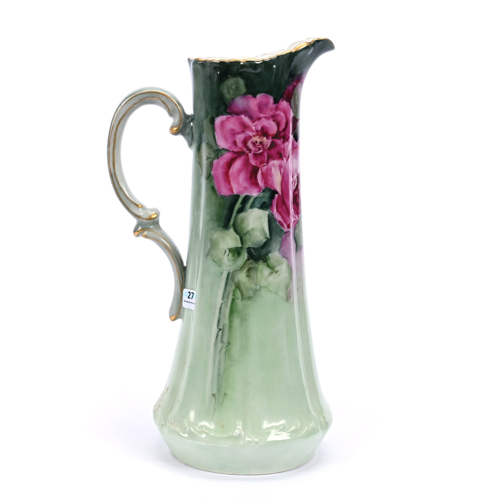 Tankard Marked T & V Limoges, Green Tones, Red Rose Decor: Tankard Marked T And V Limoges, Green Tones, Red Rose Decor, 15.25" x 7.75", Michigan Private Collection.