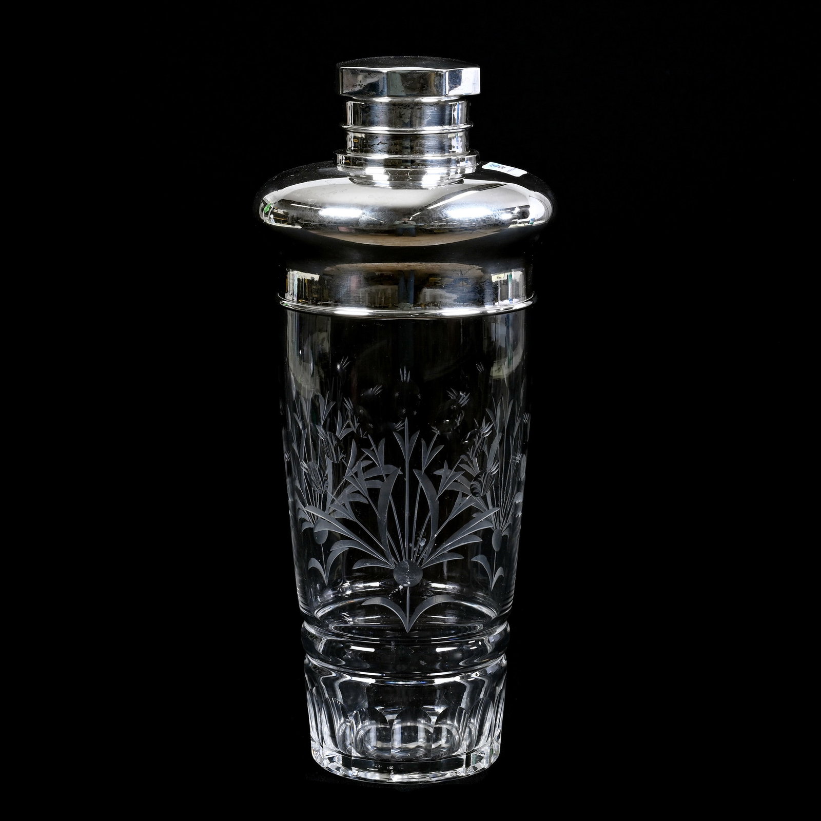 Martini Shaker, Clear Crystal With Simple Engraved Floral Decor, Sterling Silver Top: Martini Shaker, Clear Crystal With Simple Engraved Floral Decor, Sterling Silver Top, 12.5" x 5.5", Michigan Private Collection.