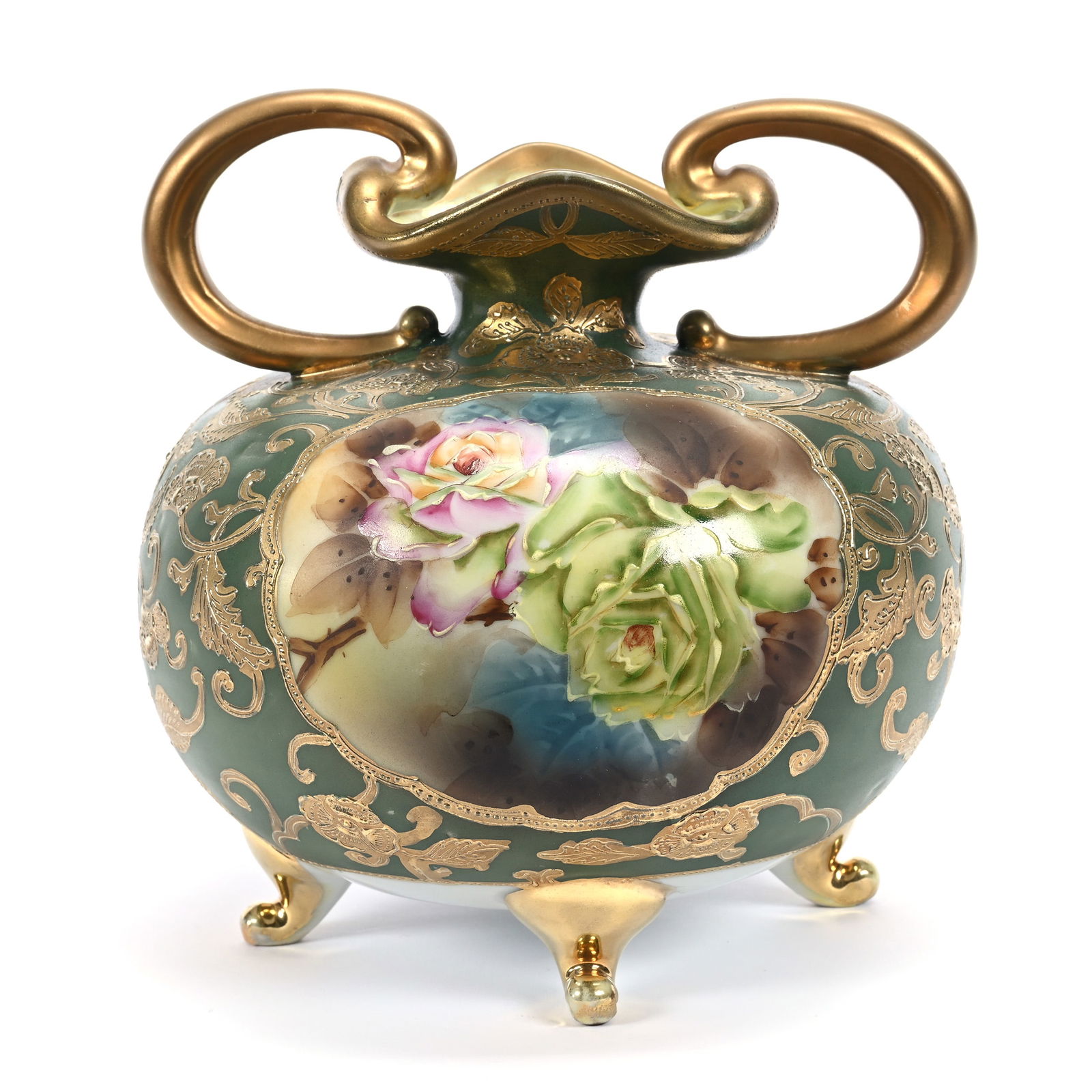 Footed Vase, Two Handles, Marked Nippon, Green Ground, Rose Decor, Extensive Gold Enamel: Footed Vase, Two Handles, Marked Nippon, Green Ground, Rose Decor, Extensive Gold Enamel, 7.25" x 7", Michigan Private Collection.