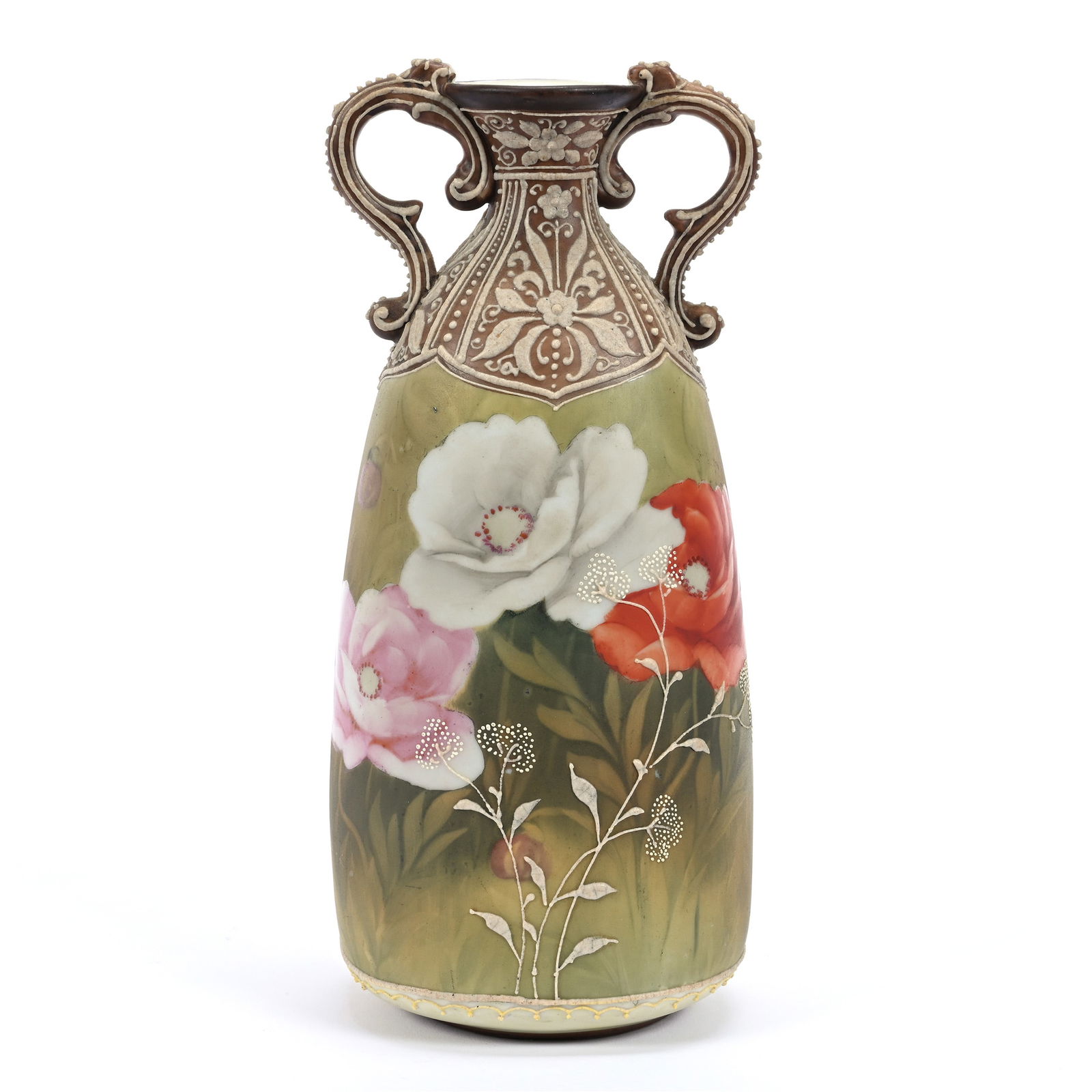 Vase, Two Handles, Marked Nippon, Brown And Green Tones, Poppy Decor, Moriaga Highlights: Vase, Two Handles, Marked Nippon, Brown And Green Tones, Poppy Decor, Moriaga Highlights, 9" x 4", Michigan Private Collection.