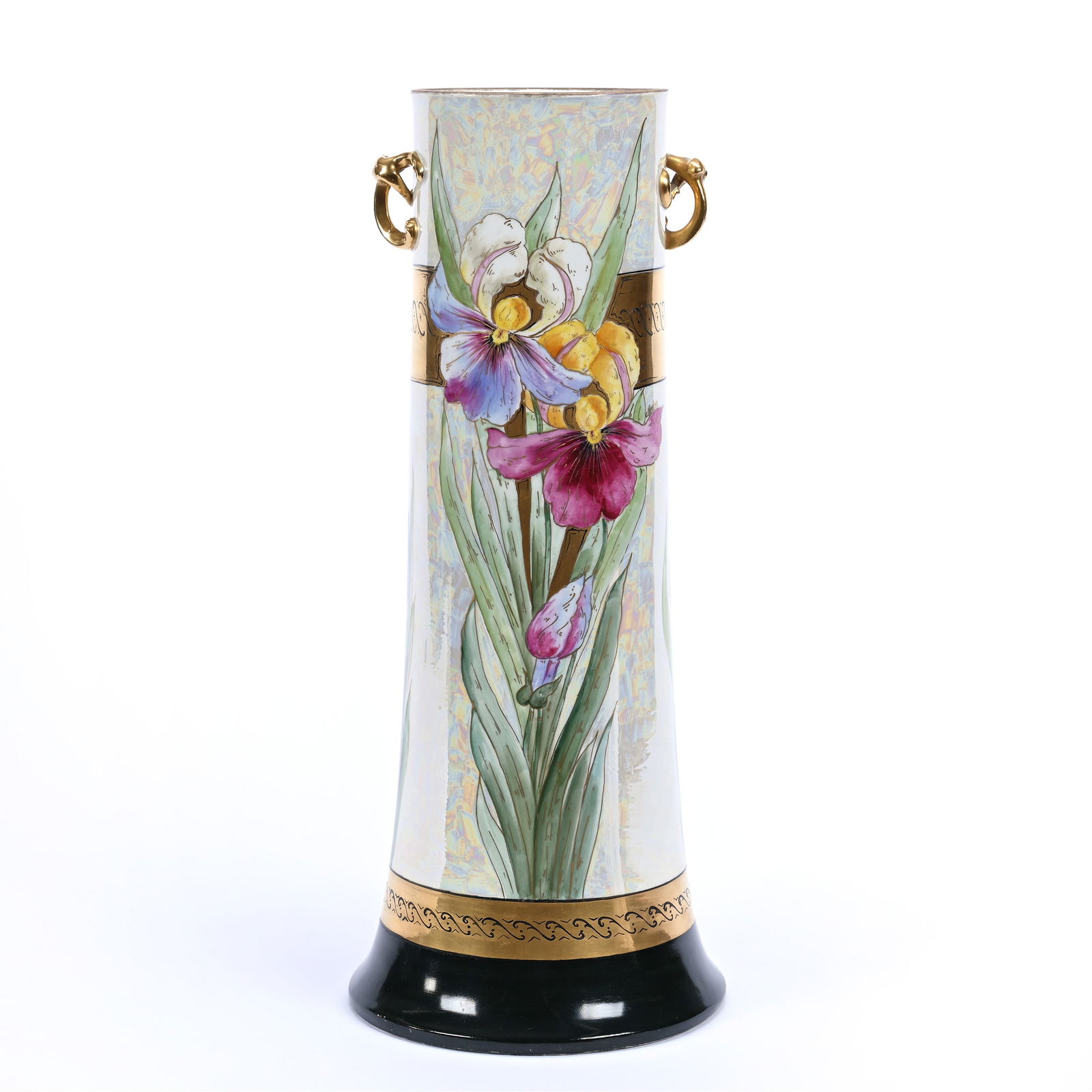 Vase, Two Handles, Marked W. G. Limoges, Iridized Pearlescent Ground, Iris Decor: Vase, Two Handles, Marked W. G. Limoges, Iridized Pearlescent Ground, Iris Decor, 20.5" x 8", Gold And Black Band Highlights, Artist Signed Herdeg, Michigan Private Collection.