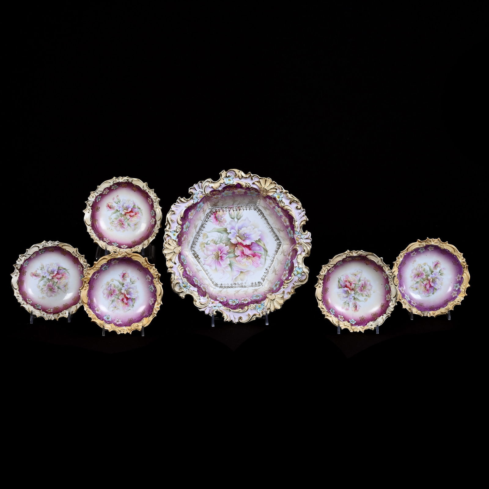Berry Set, Unmarked R.S. Prussia, Lavender, Cream And White Tones, Floral Decor: Berry Set, Unmarked R.S. Prussia, Lavender, Cream And White Tones, Floral Decor, (1) 10.75" Master Bowl, (5) Matching 5.5" Berry Dishes, Michigan Private Collection.