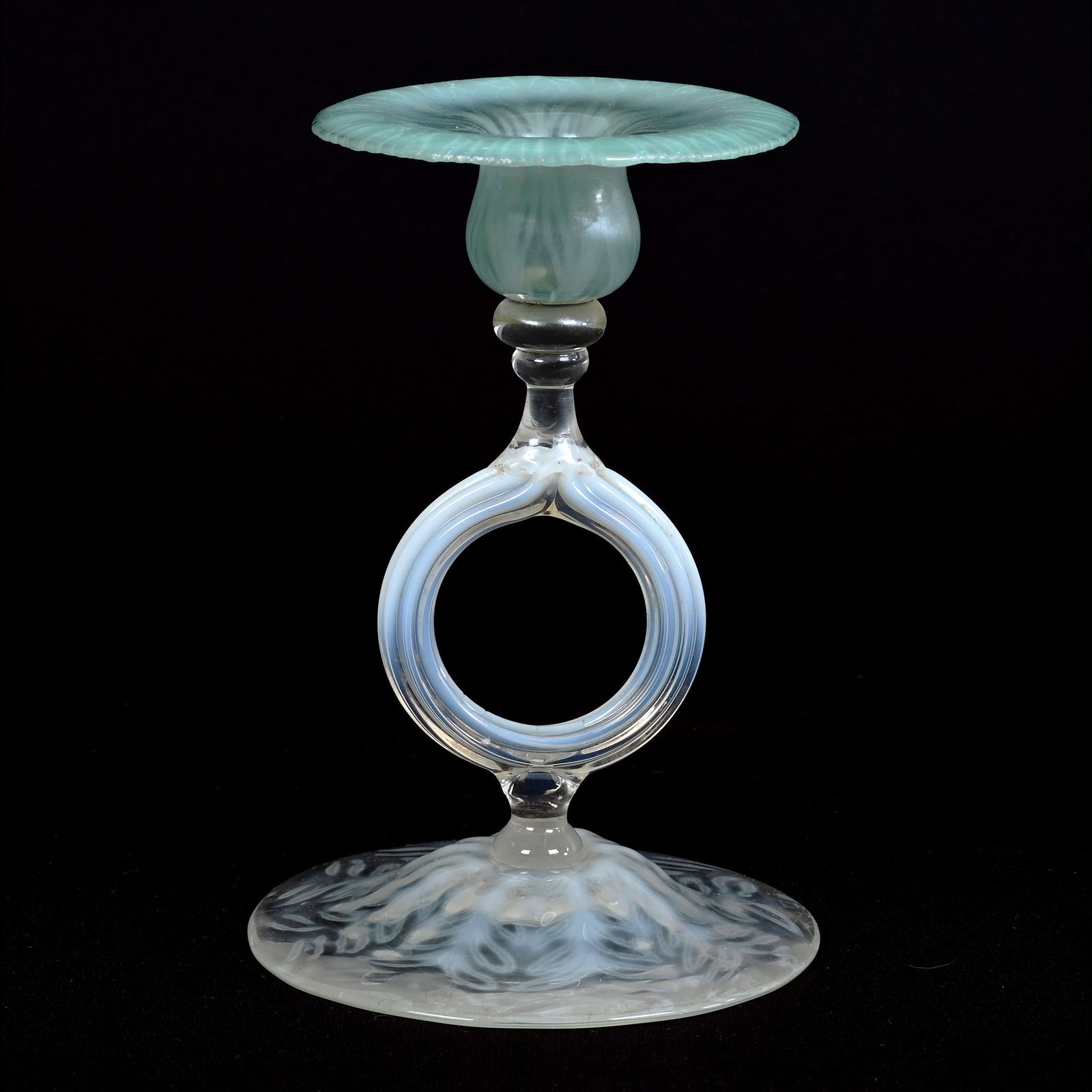 Candlestick Signed L.C.T.-Favrile #1850 Art Glass, Beautiful Pastel Green: Candlestick Signed L.C.T.-Favrile #1850 Art Glass, Beautiful Pastel Green, 6.75" x 4.5", Ribbed Ring Stem, Original Paper Label, Michigan Private Collection.