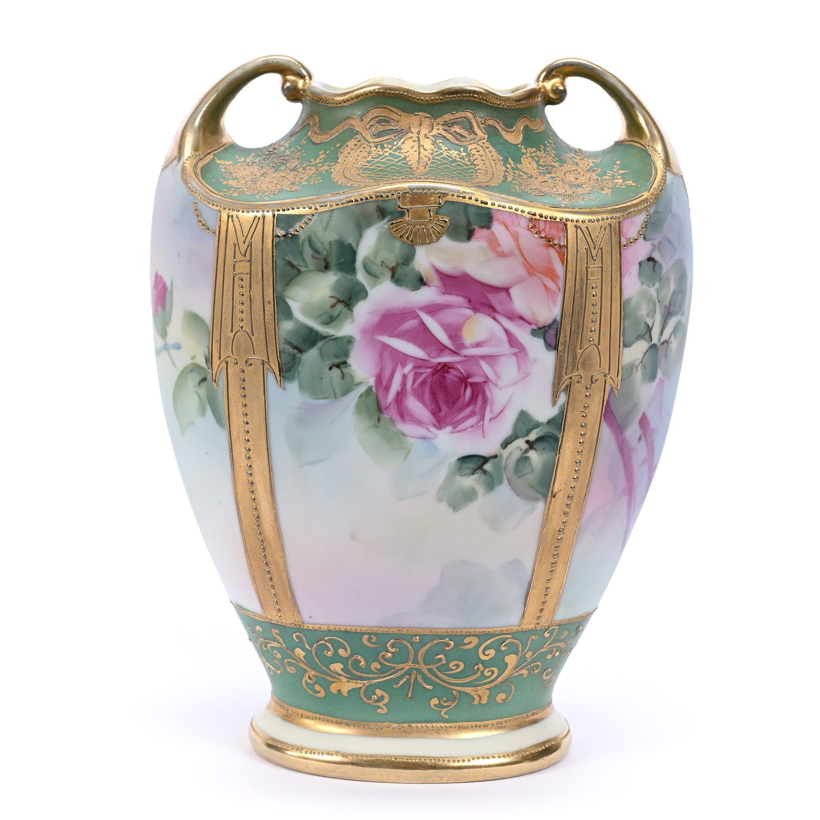 Vase, Two Handles, Marked Nippon, Blue And Yellow Tones, Pink Rose Decor, Green Border: Vase, Two Handles, Marked Nippon, Blue And Yellow Tones, Pink Rose Decor, Green Border, 7.5" x 5.5", Gold Trim Highlights, Michigan Private Collection.