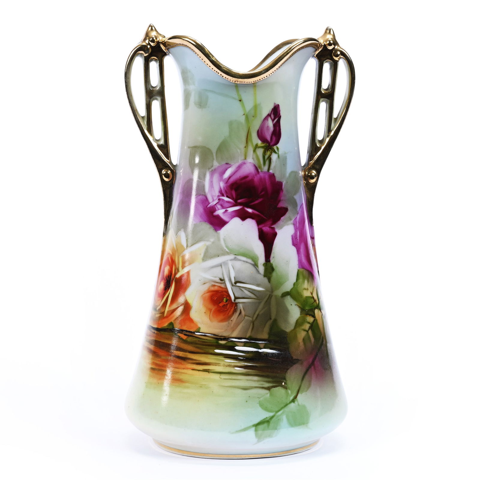 Vase, Two Handles, Marked Nippon, Green, Pink And Blue Tones, Rose Decor: Vase, Two Handles, Marked Nippon, Green, Pink And Blue Tones, Rose Decor, 9.5" x 5", Michigan Private Collection.