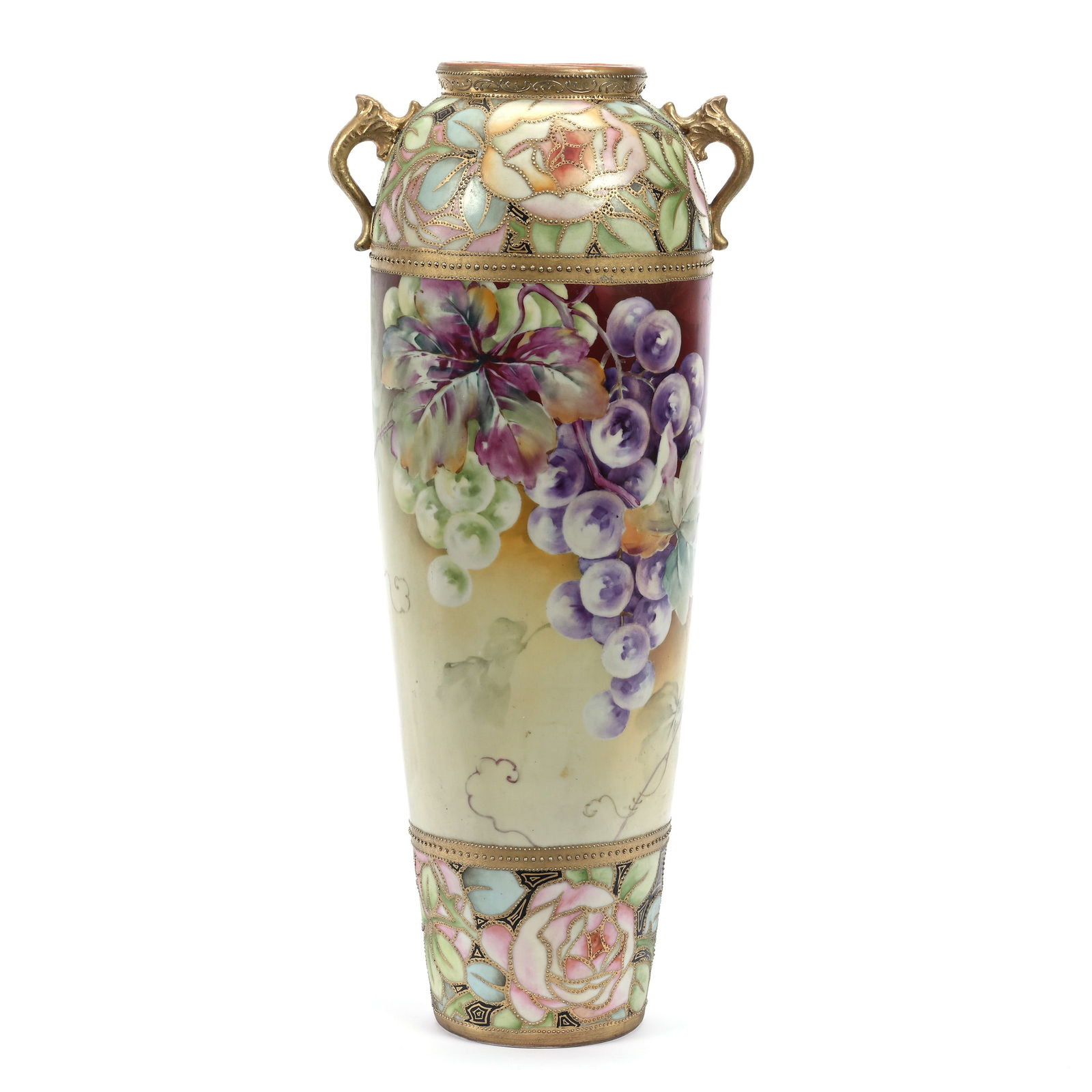 Vase, Two Handles, Marked Nippon, Yellow, Green And Lavender Tones, Vintage Decor, Rose Border: Vase, Two Handles, Marked Nippon, Yellow, Green And Lavender Tones, Vintage Decor, Rose Border, 14.75" x 6", Gold Tapestry Highlights On Border, Michigan Private Collection.