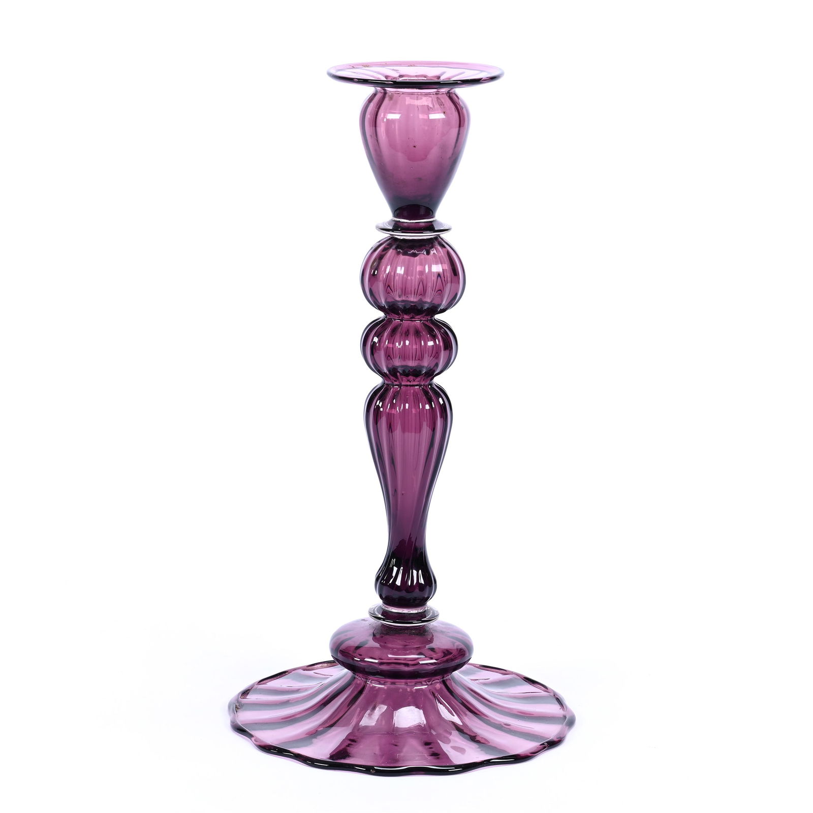 Candlestick, Solid Ribbed Amethyst Art Glass Attributed To Steuben: Candlestick, Solid Ribbed Amethyst Art Glass Attributed To Steuben, 10" x 5.25", Michigan Private Collection.