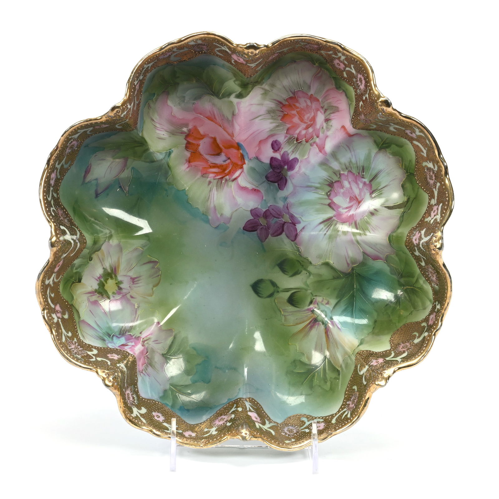 Scalloped Bowl Marked Nippon, Green And Blue Tones, Pink Floral Decor, Gold Tapestry Border: Scalloped Bowl Marked Nippon, Green And Blue Tones, Pink Floral Decor, Gold Tapestry Border, 11.25", Michigan Private Collection.