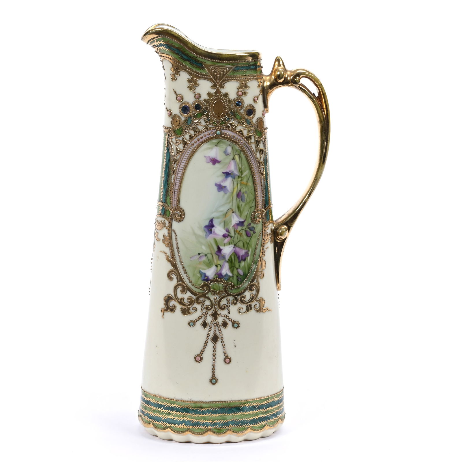 Pitcher Marked Nippon, Cream Tones, Medallion Bell Lily Decor, Green Border: Pitcher Marked Nippon, Cream Tones, Medallion Bell Lily Decor, Green Border, 11.5" x 5.25", Enamel Jewel Highlights, Michigan Private Collection.