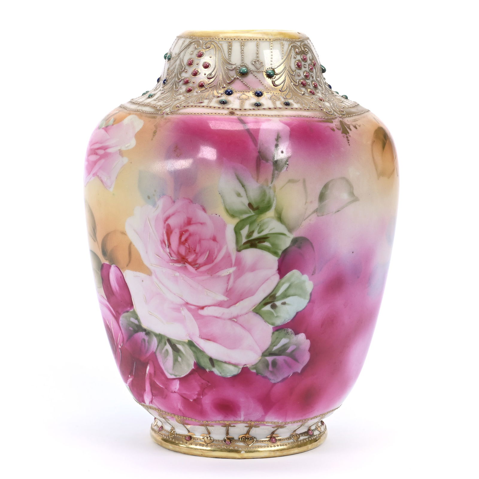 Vase, Four-Sided, Marked Nippon, Blue, Green And Brown Tones, Pink Rose Decor: Vase, Four-Sided, Marked Nippon, Blue, Green And Brown Tones, Pink Rose Decor, 8.25" x 5.25", Colorful Enamel Jewel Highlights, Michigan Private Collection.