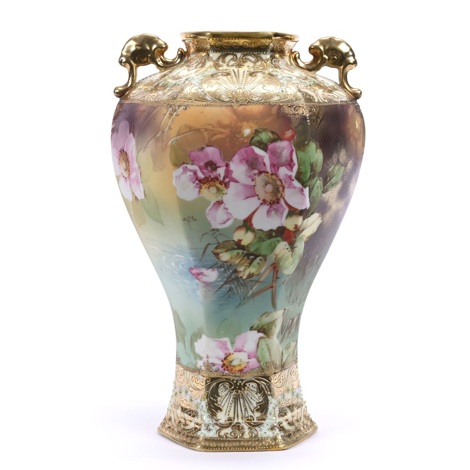 Vase, Two Handles, Marked Nippon, Six-Sided, Blue And Brown Tones, Floral Decor: Vase, Two Handles, Marked Nippon, Six-Sided, Blue And Brown Tones, Floral Decor, 11.75" x 7", Gold And Enamel Jewel Highlights, Michigan Private Collection.