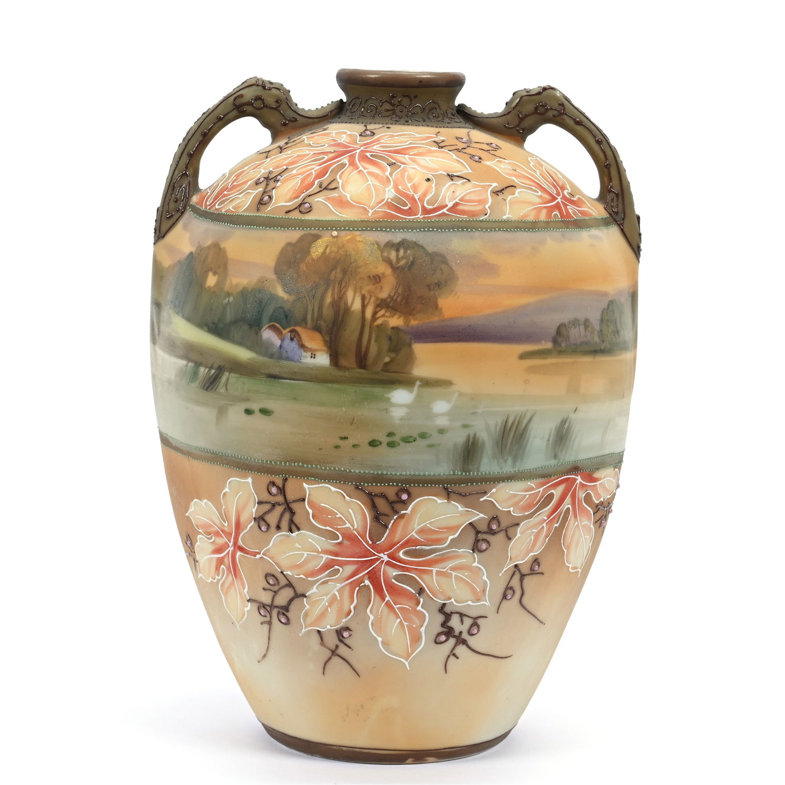 Vase, Two Handles, Marked Nippon, Brown Tones, Lake And Cottage Scenic Decor, Fall Leaf Highlights: Vase, Two Handles, Marked Nippon, Brown Tones, Lake And Cottage Scenic Decor, Fall Leaf Highlights, 7.75" x 5.75", Michigan Private Collection.
