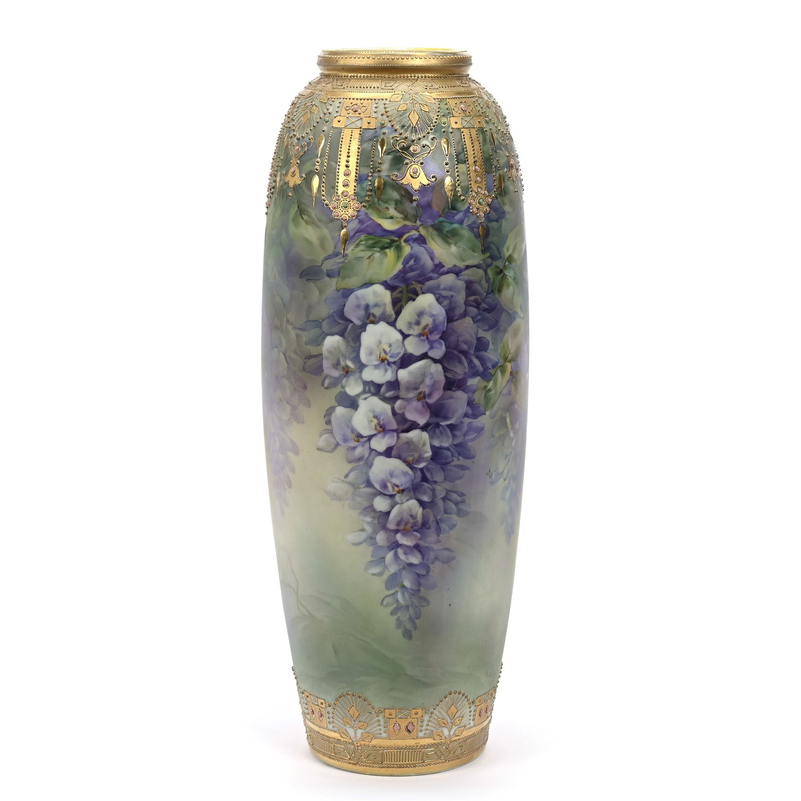 Vase Marked Nippon, Green Ground, Wisteria Floral Decor, Beautiful Gold And Colored Enamel Border: Vase Marked Nippon, Green Ground, Wisteria Floral Decor, Beautiful Gold And Colored Enamel Border, 17.75" x 6.5", Artist Signed "R. C.", Michigan Private Collection.
