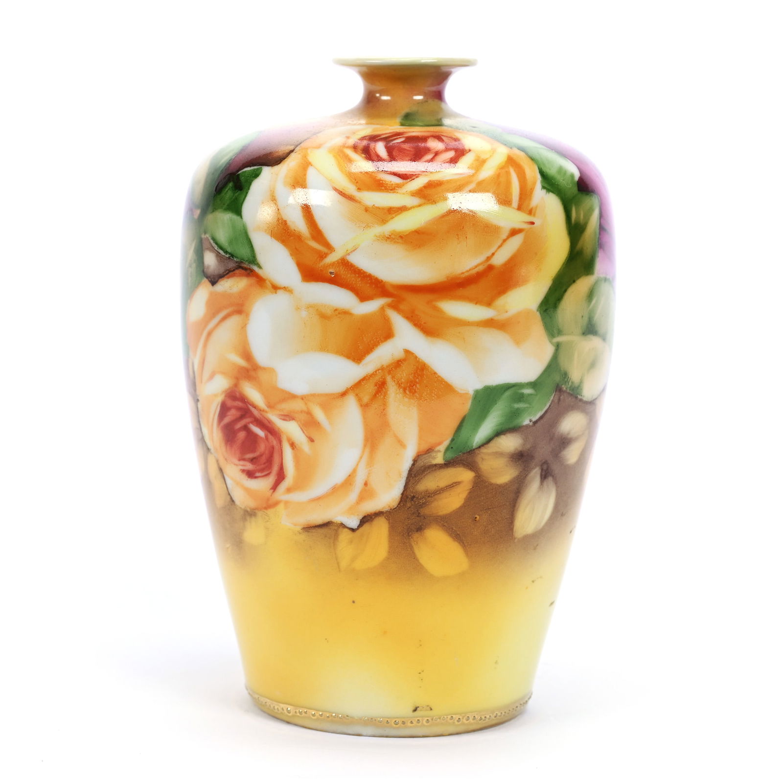 Vase Marked Nippon, Yellow And Brown Tones, Pink And Yellow Rose Decor: Vase Marked Nippon, Yellow And Brown Tones, Pink And Yellow Rose Decor, 5.25" x 3.5", Michigan Private Collection.