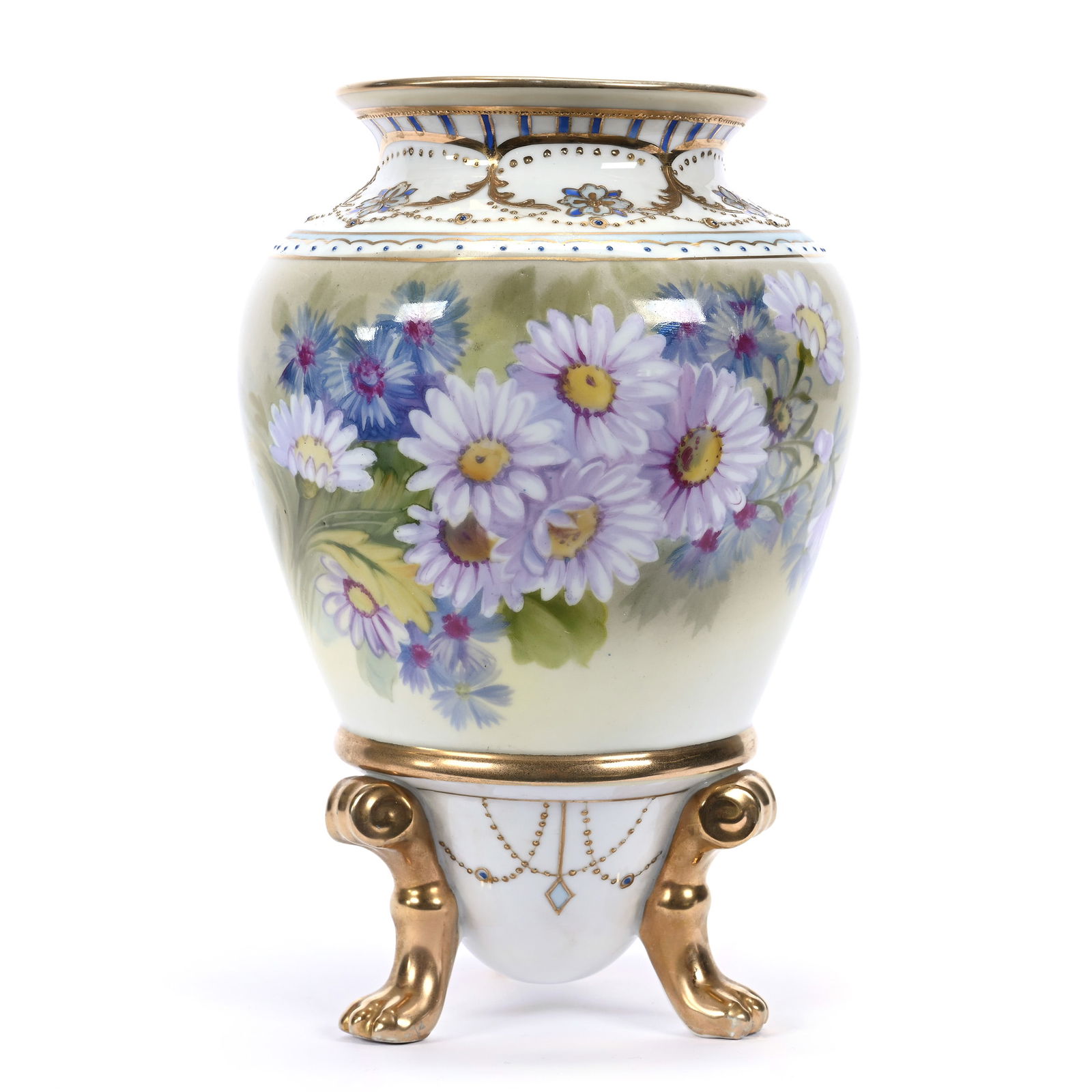 Vase, Three Feet, Marked Nippon, Green And White Tones, Lavender And Blue Daisy Decor: Vase, Three Feet, Marked Nippon, Green And White Tones, Lavender And Blue Daisy Decor, 8.25" x 5.5", Nice Border Highlights, Michigan Private Collection.