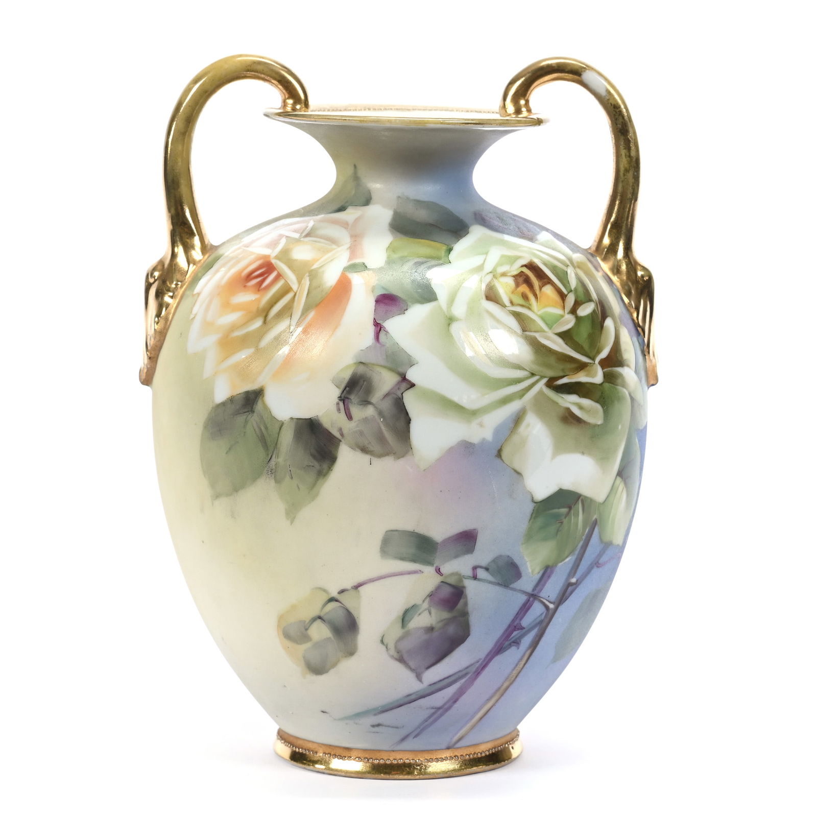 Vase, Two Handles, Marked Nippon, Green And Blue Tones, Rose Decor: Vase, Two Handles, Marked Nippon, Green And Blue Tones, Rose Decor, 6.5" x 4.75", Michigan Private Collection.