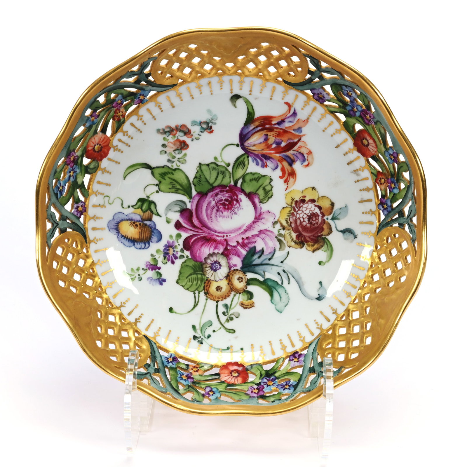 Bowl Marked Schumann Bavarian Porcelain, White With Colorful Floral Decor, Heavy Gold: Bowl Marked Schumann Bavarian Porcelain, White With Colorful Floral Decor, Heavy Gold, 9.75", Reticulated Border, Floral Highlights, Artist Signed On Back "M. H. Hill", Michigan Private Collection.