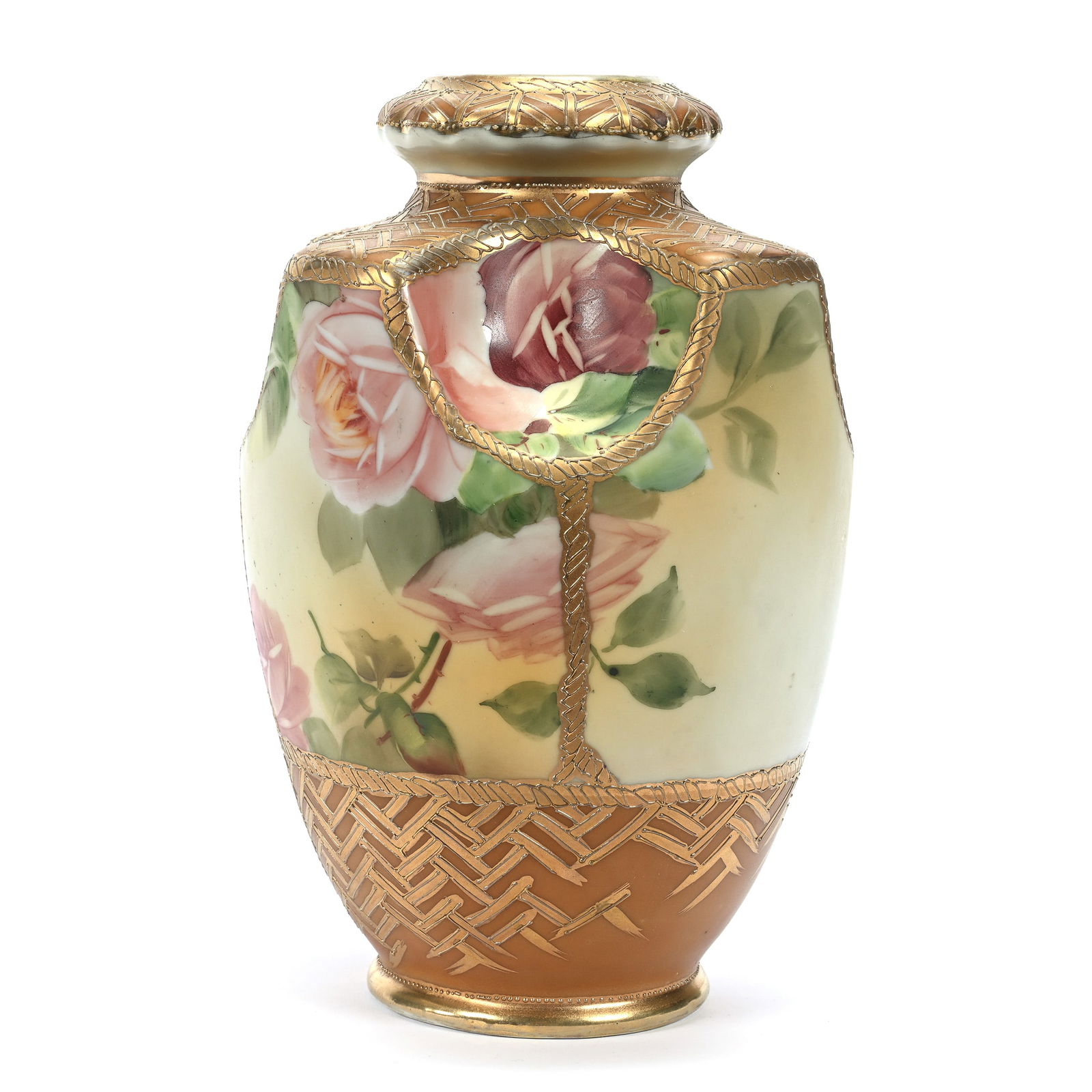 Vase Marked Nippon, Brown Tones, Pink Rose Decor, Gold Enamel Highlights: Vase Marked Nippon, Brown Tones, Pink Rose Decor, Gold Enamel Highlights, 8.75" x 5.5", Michigan Private Collection.