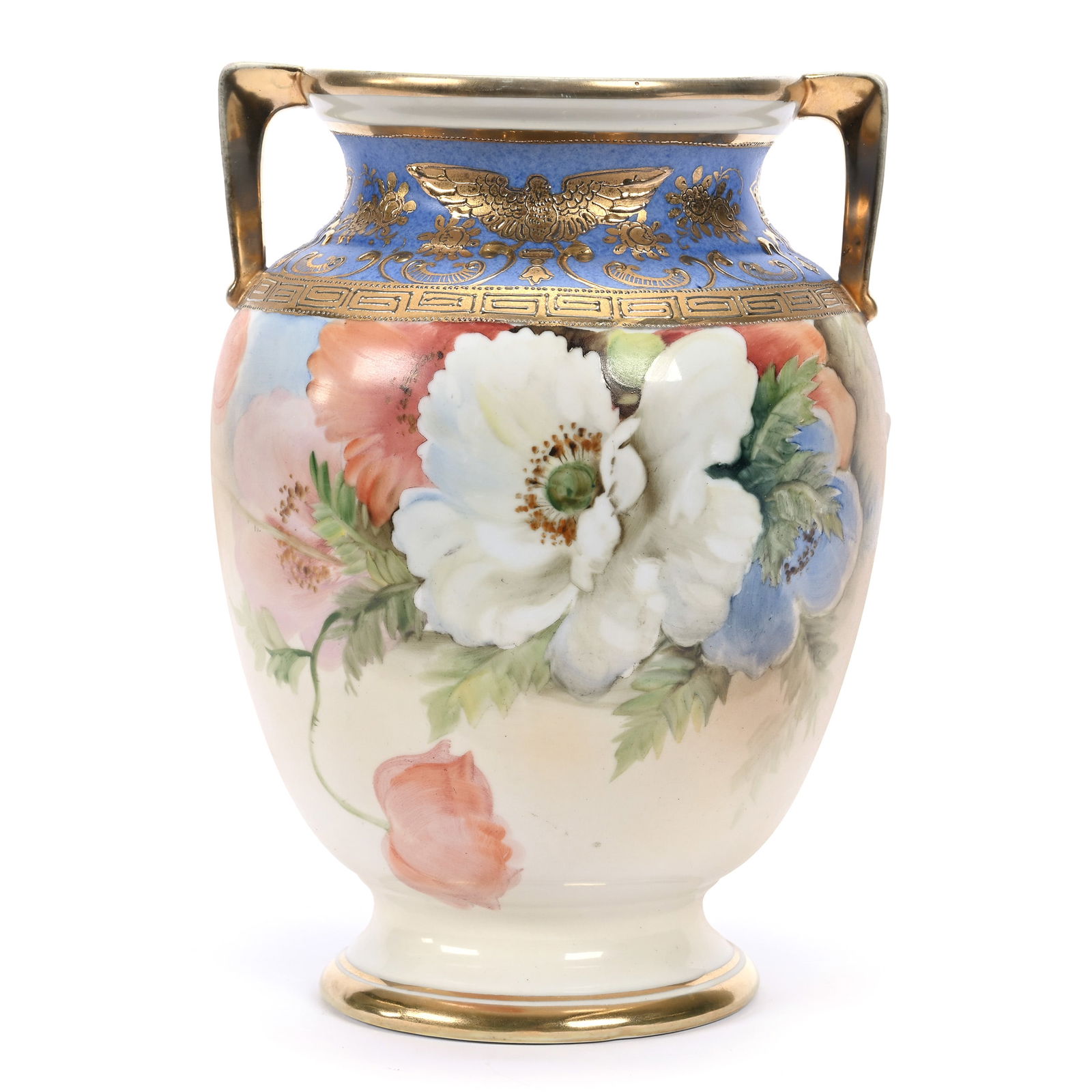 Vase, Two Handles, Marked Nippon, Pink And White With Poppy Decor, Blue Border: Vase, Two Handles, Marked Nippon, Pink And White With Poppy Decor, Blue Border, 8.25" x 6", Eagle And Crest Highlights On Border, Michigan Private Collection.