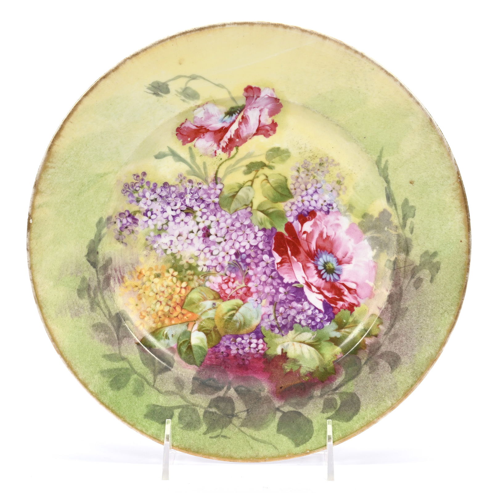 Plate Marked C. A. Limoges, Green Ground, Poppy And Violet Decor: Plate Marked C. A. Limoges, Green Ground, Poppy And Violet Decor, 10", Michigan Private Collection.