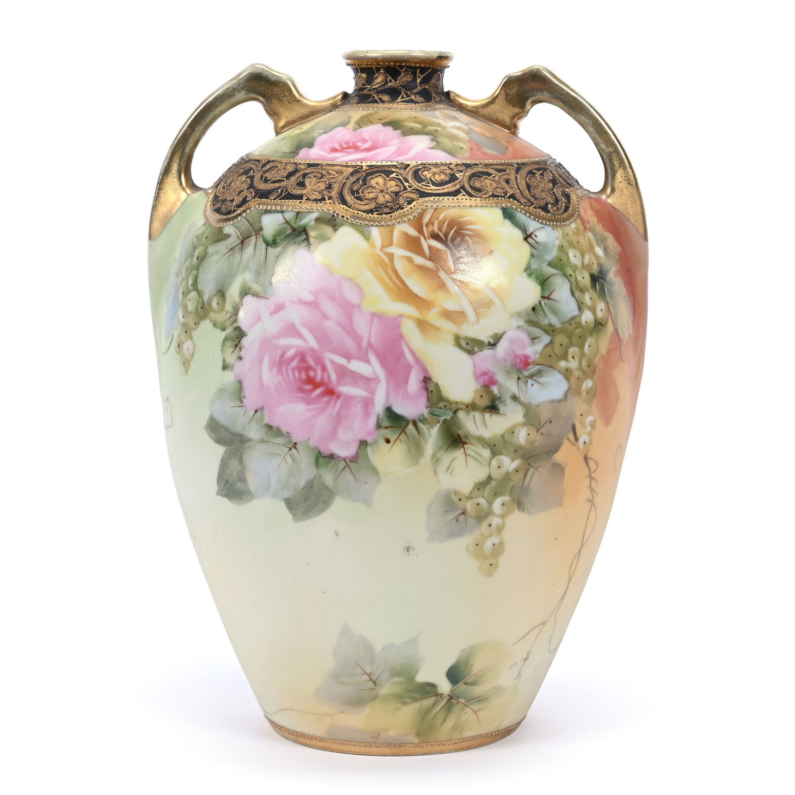Vase, Two Handles, Marked Nippon, Green And Cream Tones, Rose And Berry Decor, Black Border: Vase, Two Handles, Marked Nippon, Green And Cream Tones, Rose And Berry Decor, Black Border, 9" x 6.5", Gold Highlights, Michigan Private Collection.