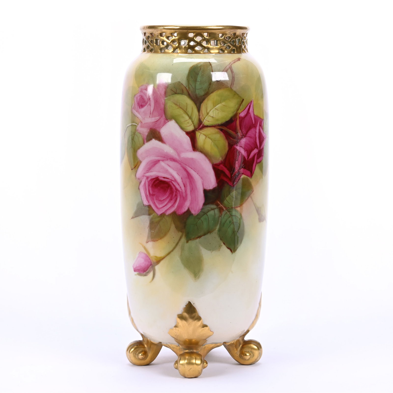 Vase, Footed, Marked Royal Worcester, Artist Signed Shuck, Floral Decor: Vase, Footed, Marked Royal Worcester, Artist Signed Shuck, Floral Decor, 8.75" x 3.75", Michigan Private Collection.