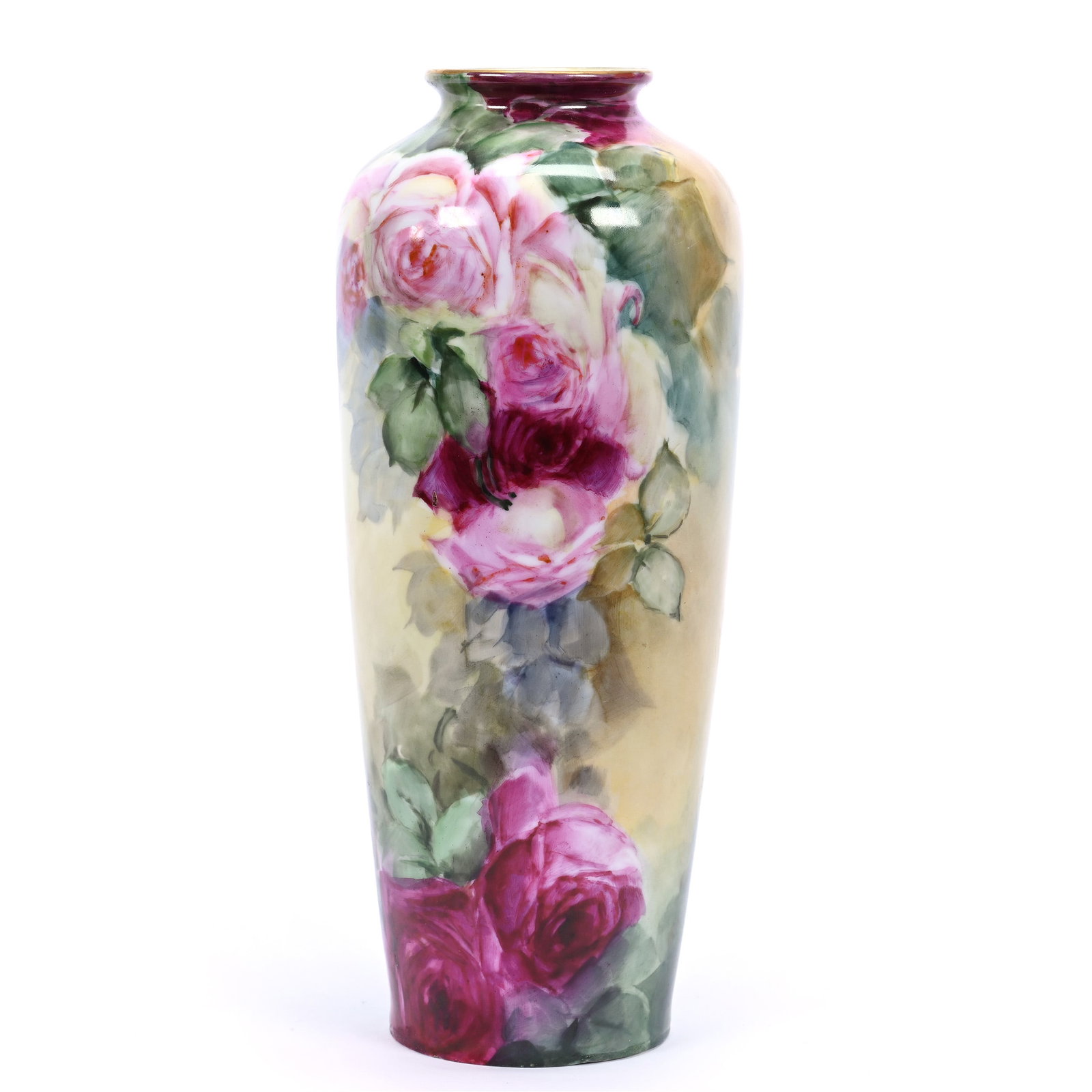 Vase, Unmarked Limoges, Green And Yellow Tones, Pink Rose Decor: Vase, Unmarked Limoges, Green And Yellow Tones, Pink Rose Decor, 10" x 4", Minor Interior Base Ring Nick/Touch-Up, Michigan Private Collection.
