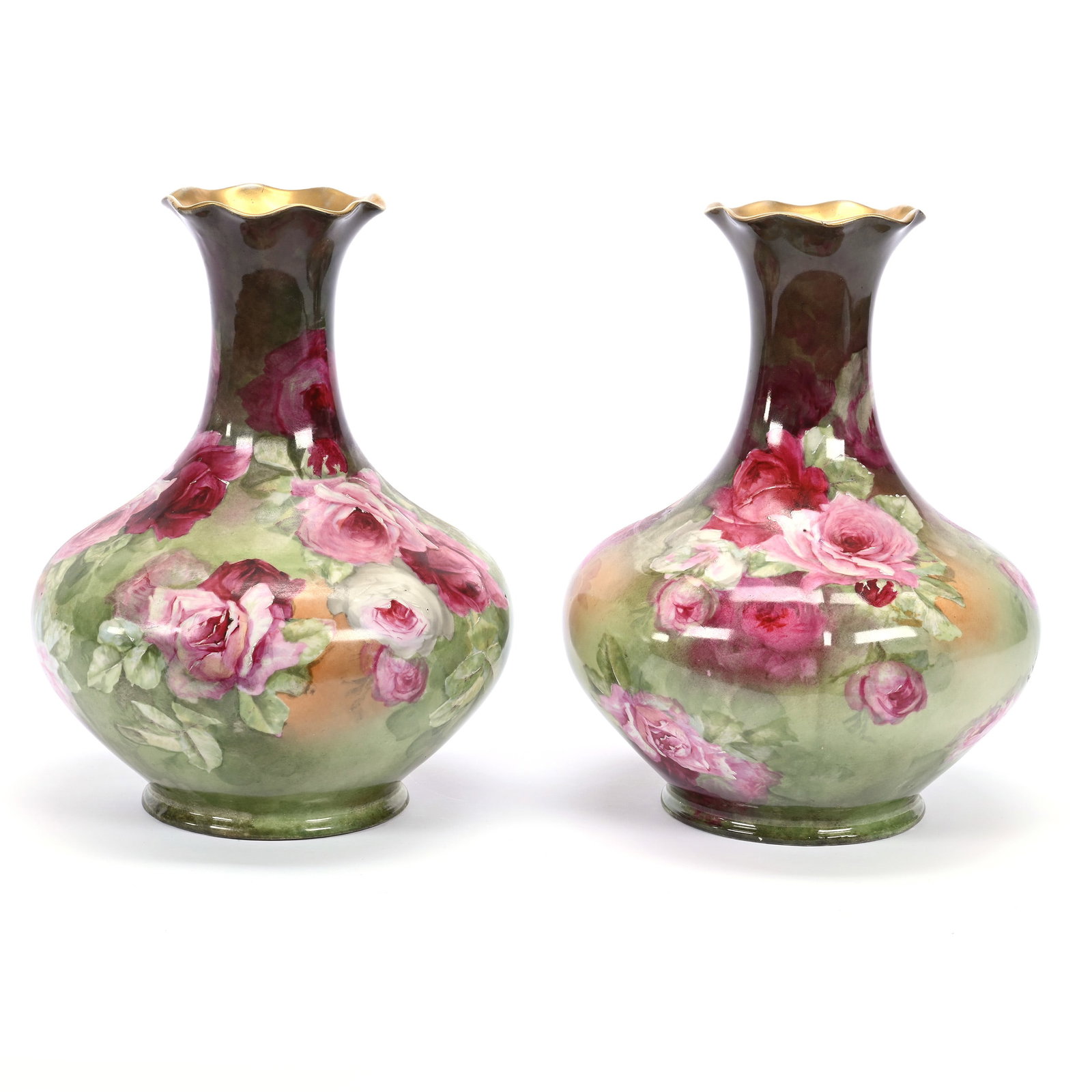 Pair Vases Marked Limoges Art China, Green And Brown Ground, Pink And White Rose Decor: Pair Vases Marked Limoges Art China, Green And Brown Ground, Pink And White Rose Decor, 11" x 8.5", Michigan Private Collection.